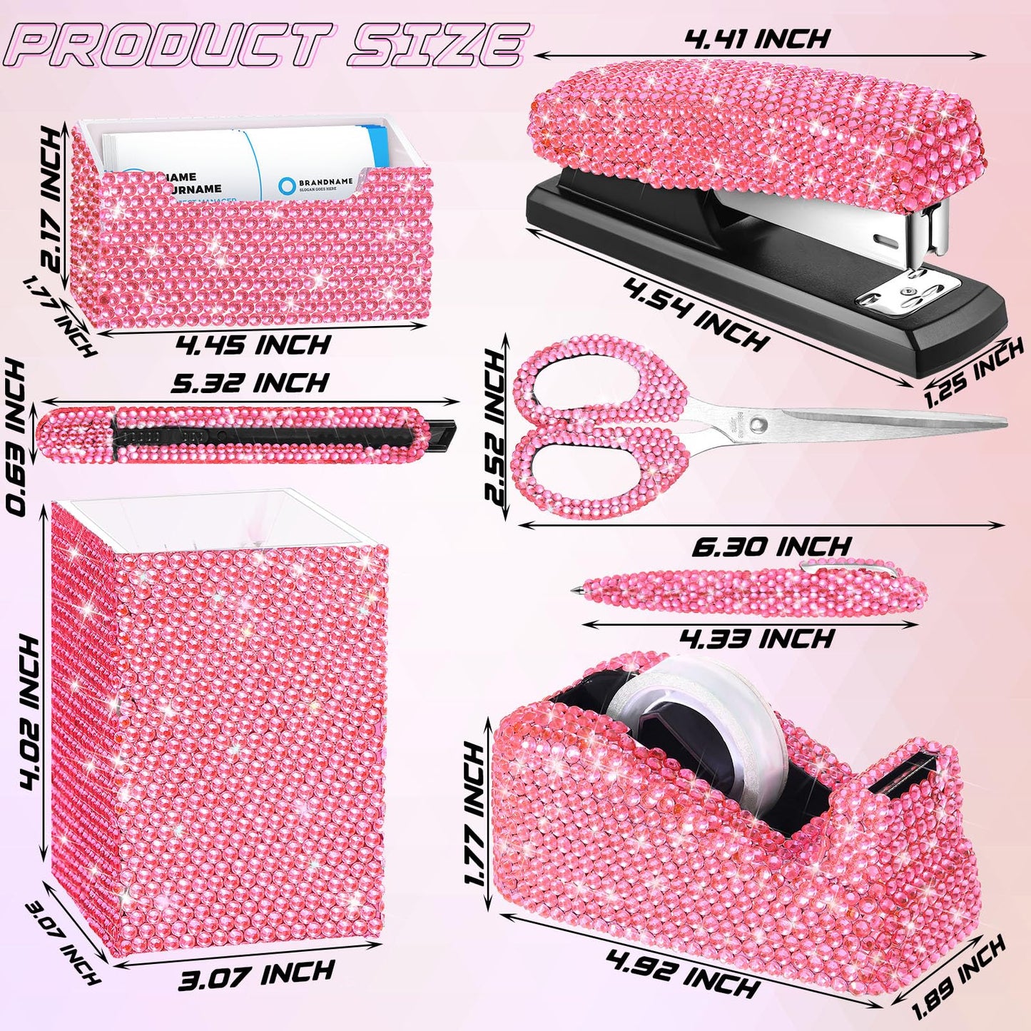 Demissle Pink 7 Pieces Bling Desk Accessories Set Glitter Crystal Office Stationery Kit for Women Diamond Tape Dispenser Rhinestone Stapler Cardholder Pencil Pot Holder Scissor Ballpoint Knife