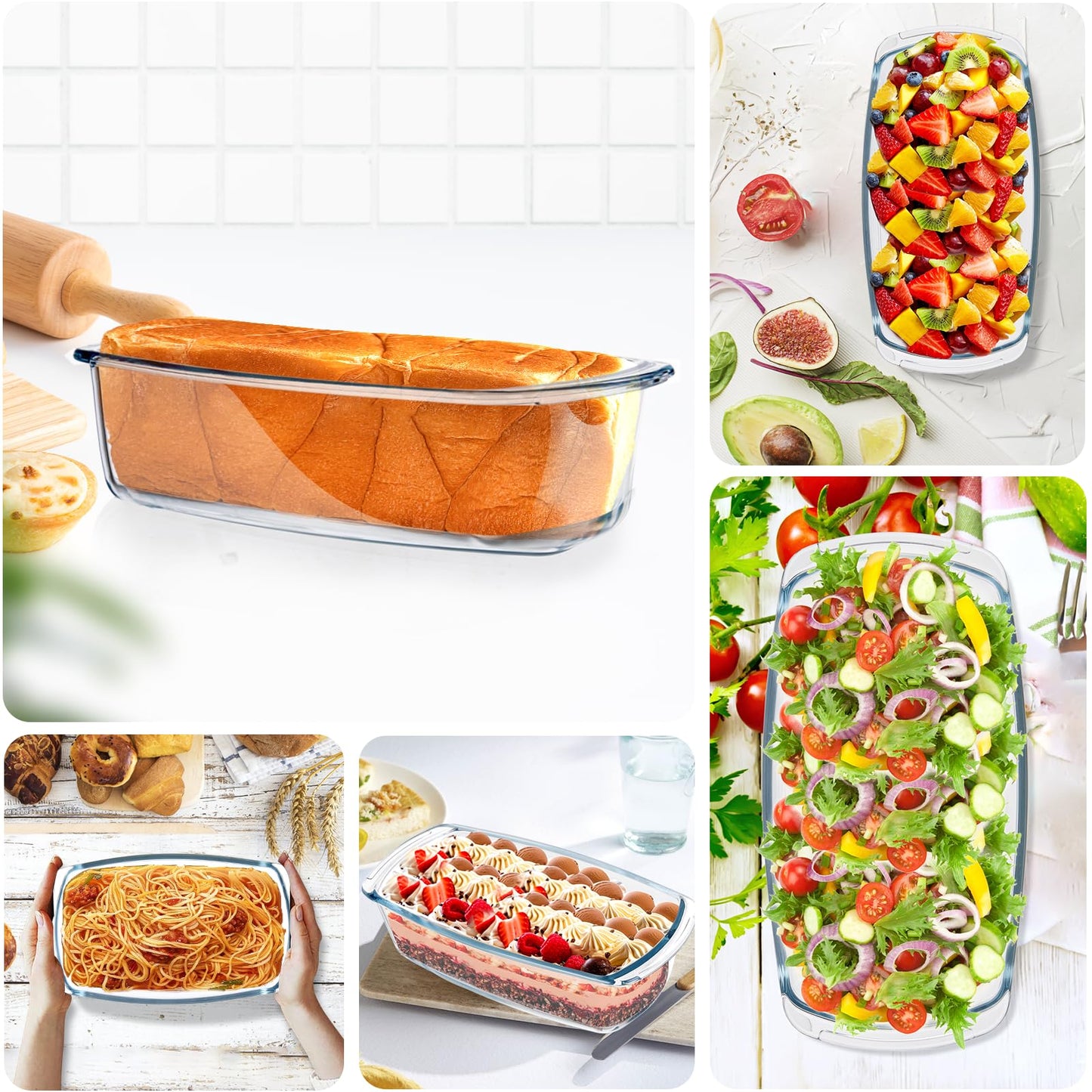 BAKEWAY Glass Loaf Pans for Baking Bread with Lids 2 Set - 1.9 Qt Glass Loaf Pan | Oven, Dishwasher, Fridge, Freezer & Microwave Safe, Bread Pan Suit for Lasagna, Meatloaf, Banana