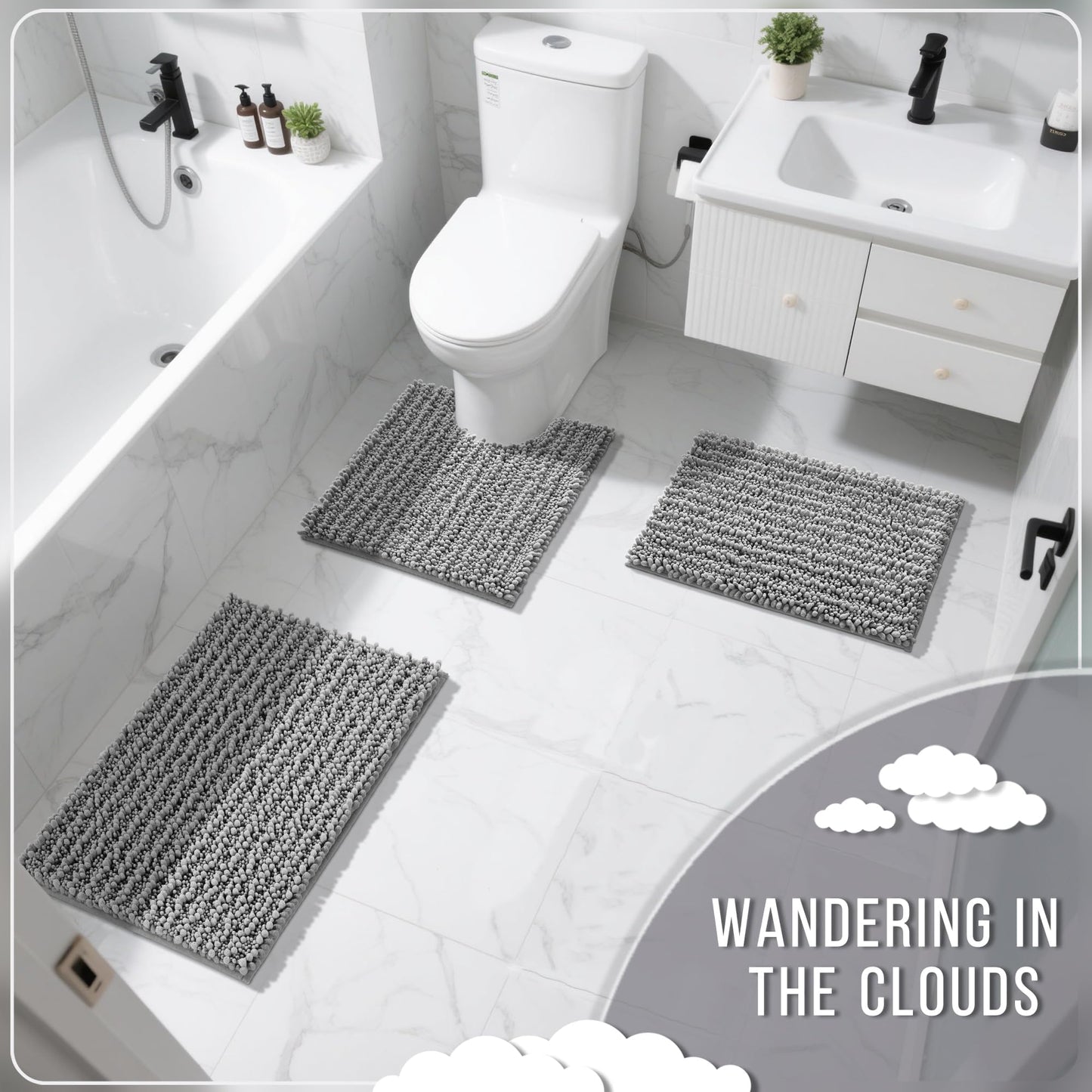 Yimobra Bathroom Rug Set 3 Piece - Super Absorbent Quick Dry Chenille Bath Mats & Toilet Rug, Non Slip Machine Washable, Extra Thick Shaggy Floor Mat for Shower Tub Sink, Grey