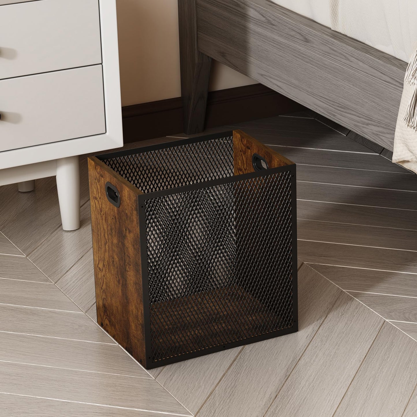 Retro Office Trash Can, Iron and Wood Combination Bedroom Garbage Can, Rectangular Design Wastebasket with Handle, Industrial Style Trash Can for Home Office, 11.02" X 7.87" X 11.81" 4.5 Gallon (2)