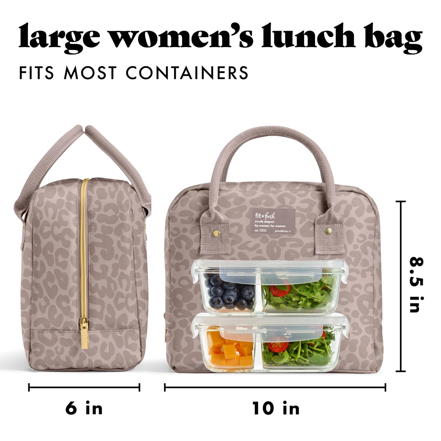 Fit & Fresh Bloomington Lunch Bag for Women - Insulated Large Lunch Box for Work with Containers, Leak-Resistant, Stain-Resistant, Zipper Closure, Mocha Feline Fine