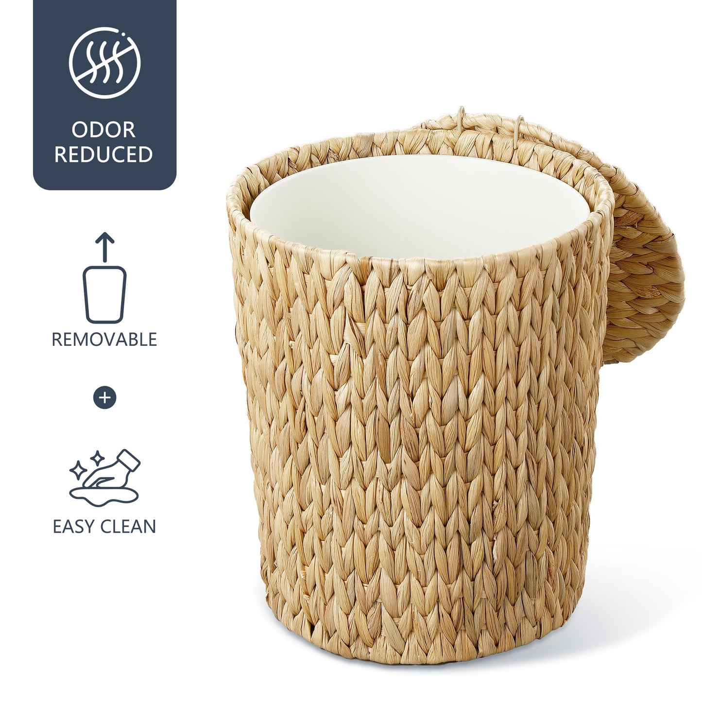 Coeusy 4 Gallon Wicker Trash Can with Lid, Small Bathroom Trash Can, Water Hyacinth Woven Waste Basket, Rattan Boho Decorative Garbage Can with Removable Liner for Bedroom, Home Office (Round,Natural)