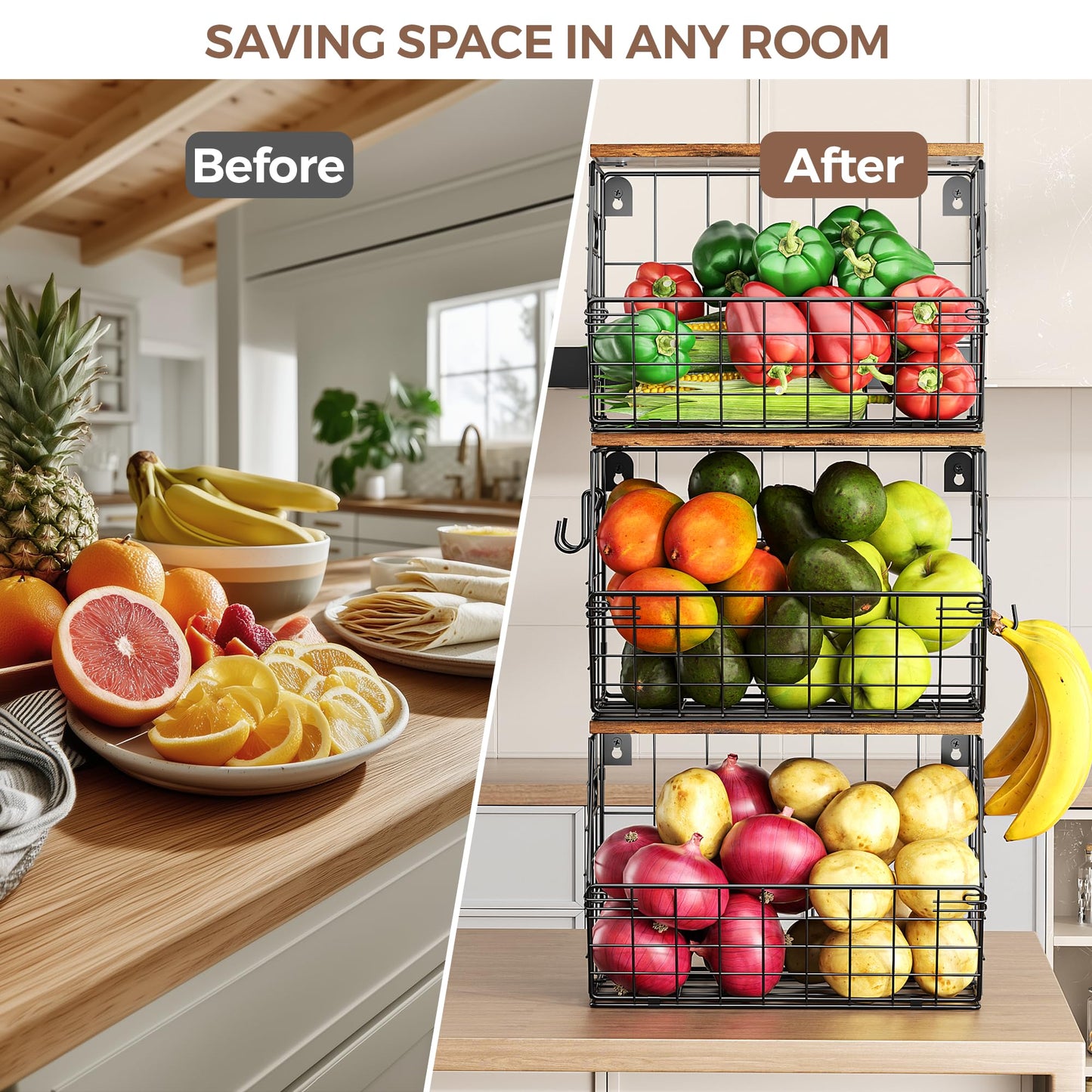 Delamu Stackable Metal Fruit Basket with Wood Lid 3 Pack, Hanging Wall Organizer for Kitchen Counter, Pantry Storage for Onions, Potatoes, Garli, Fruits, Spices, Black