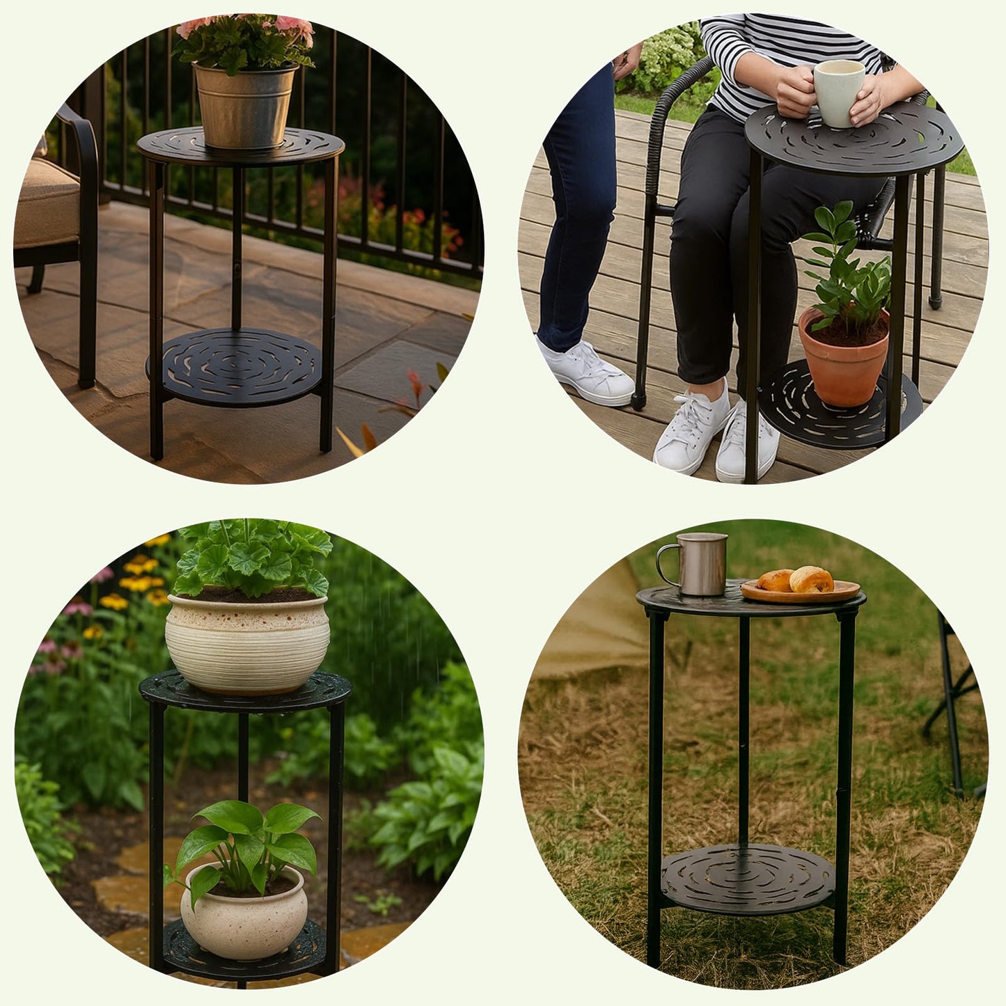 lucpur 2-Tier Metal Round Side Table Black Accent Coffee Tables Small Space Corner Plant Stand Shelf for Indoor Outdoor Use Patio Balcony End Table Laser-Cut Floral Pattern Weather-Resistant