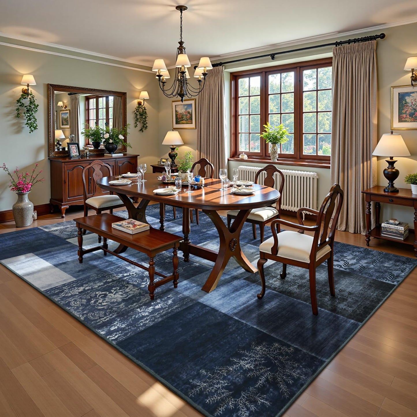 DweIke Washable Area Rugs 5x7 for Living Room, Modern Geometric Navy Blue Soft Patchwork Carpet, Non-Slip Stain Resistant Throw Rug for Bedroom Dining Room Office Home Decor