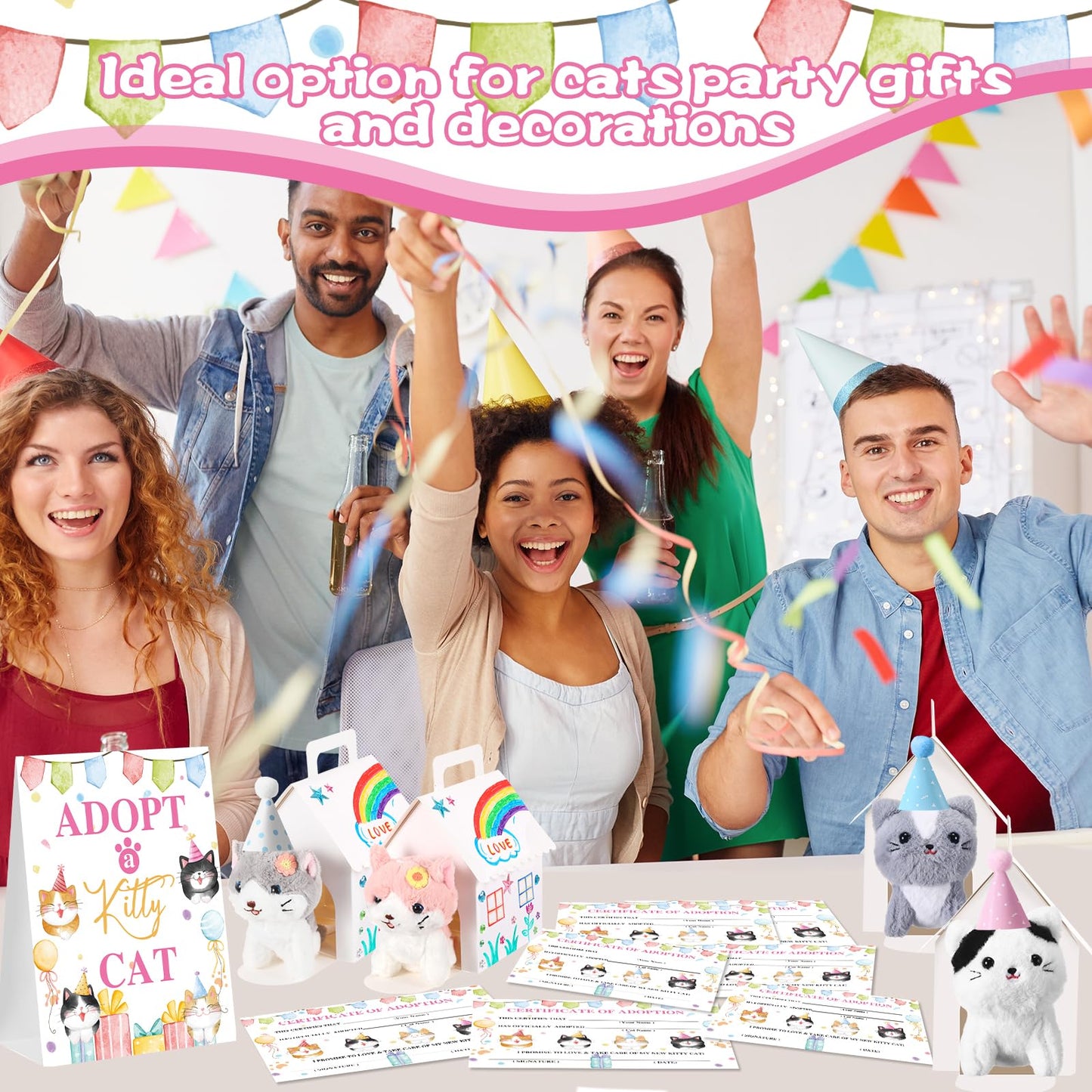 Cinnvoice 65 Pcs Adopt a Cat Party Favors, 16 Stuffed Cat Animals 16 Boxes 16 Cute Birthday Hats 16 Adoption Certificate Card 1 Adoption Sign for Adopt a Pet Party Favor Supplies (House,White)