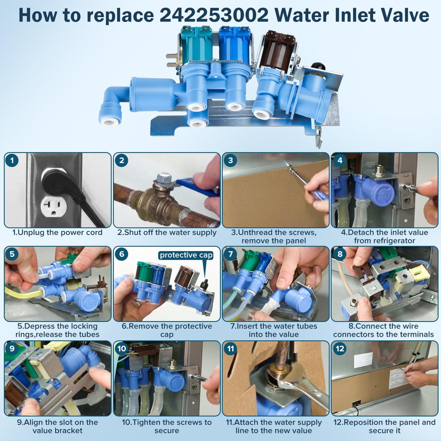 242253002 242102201 Refrigerator Water Inlet Valve Replace Part: 2689640, AP5669874, PS7321353, EAP7321353, Compatible with Frigidaire Electrolux Kenmore Crosley Ikea, etc Refrigerators