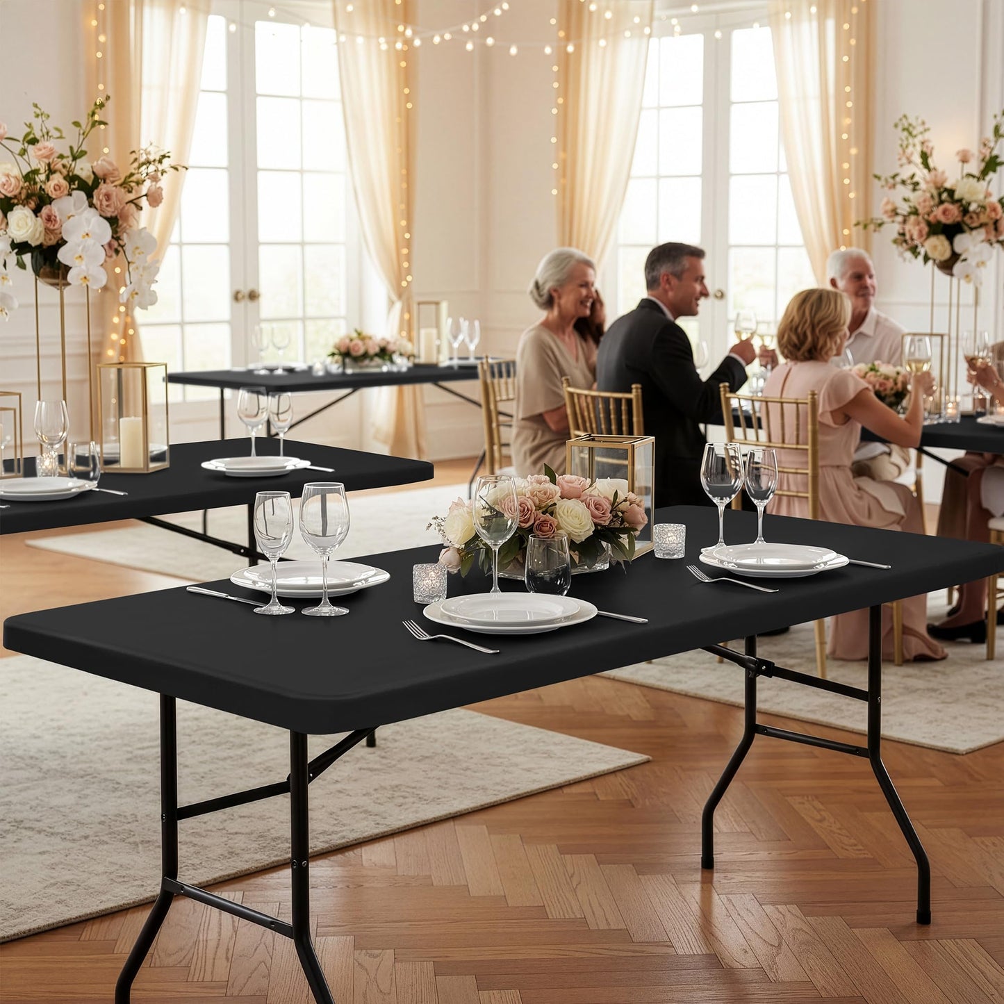 RichSets 6ft Fitted Tablecloth Rectangle - 6 Pack Outdoor Picnic Table Covers with Elastic, Washable Folding Table Protector for Party Banquet Graduation, 30x72 Inch, Black