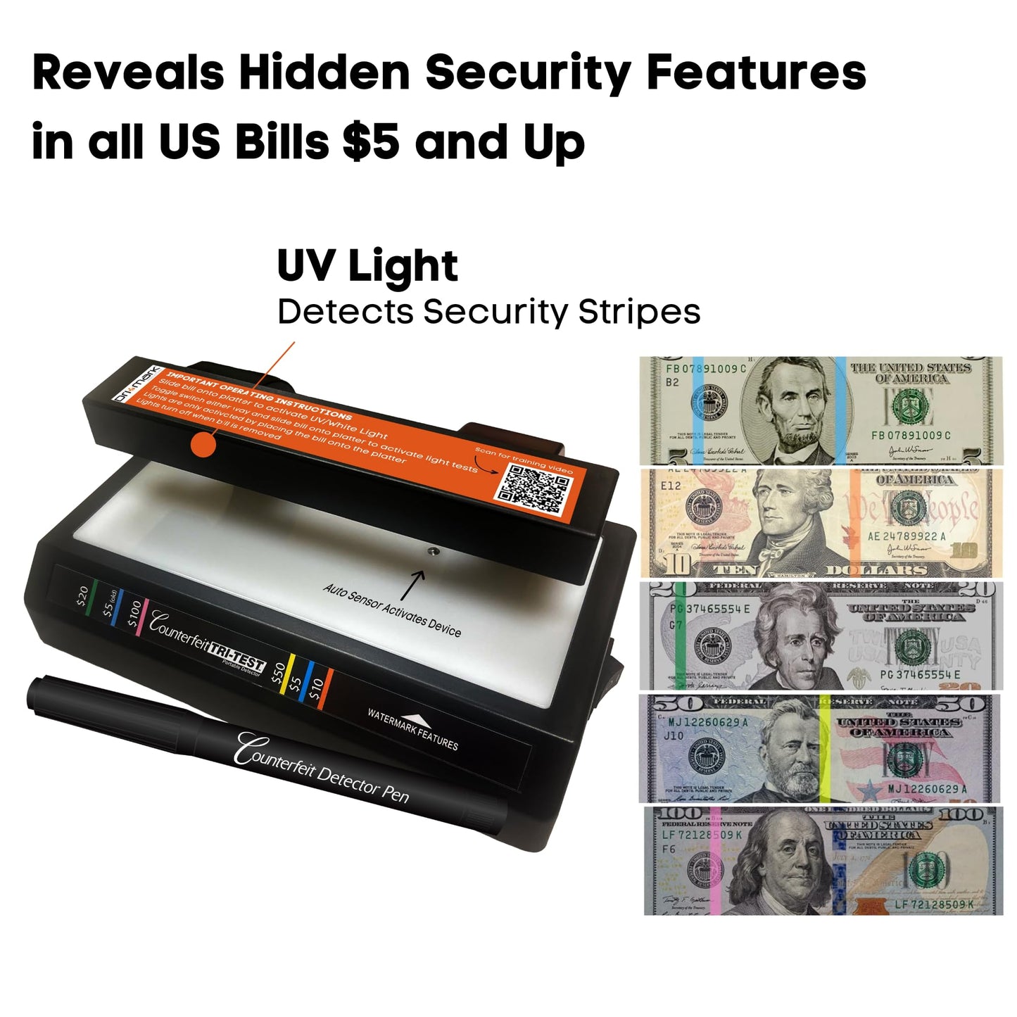 Dri Mark Tri Test - Counterfeit Bill Detector Machine w/AC Adapter - 3 Tests in 1 - Paper, Security Strip and Watermark Tests, Accurate Money Tester Machine with Counterfeit Detection Pen