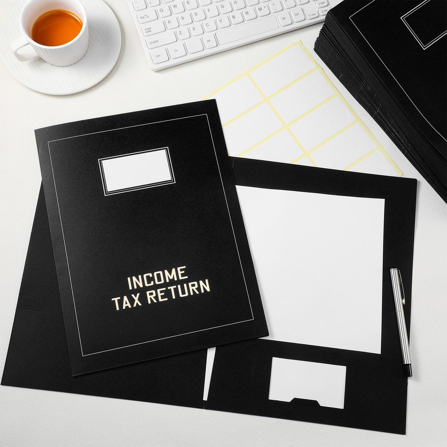 Kisston 50 Pcs Tax Return Folders Bulk 2 Pocket Gold Foil Stamped Income Tax Folders with Labels Business File Office Blank Organizer (Black)