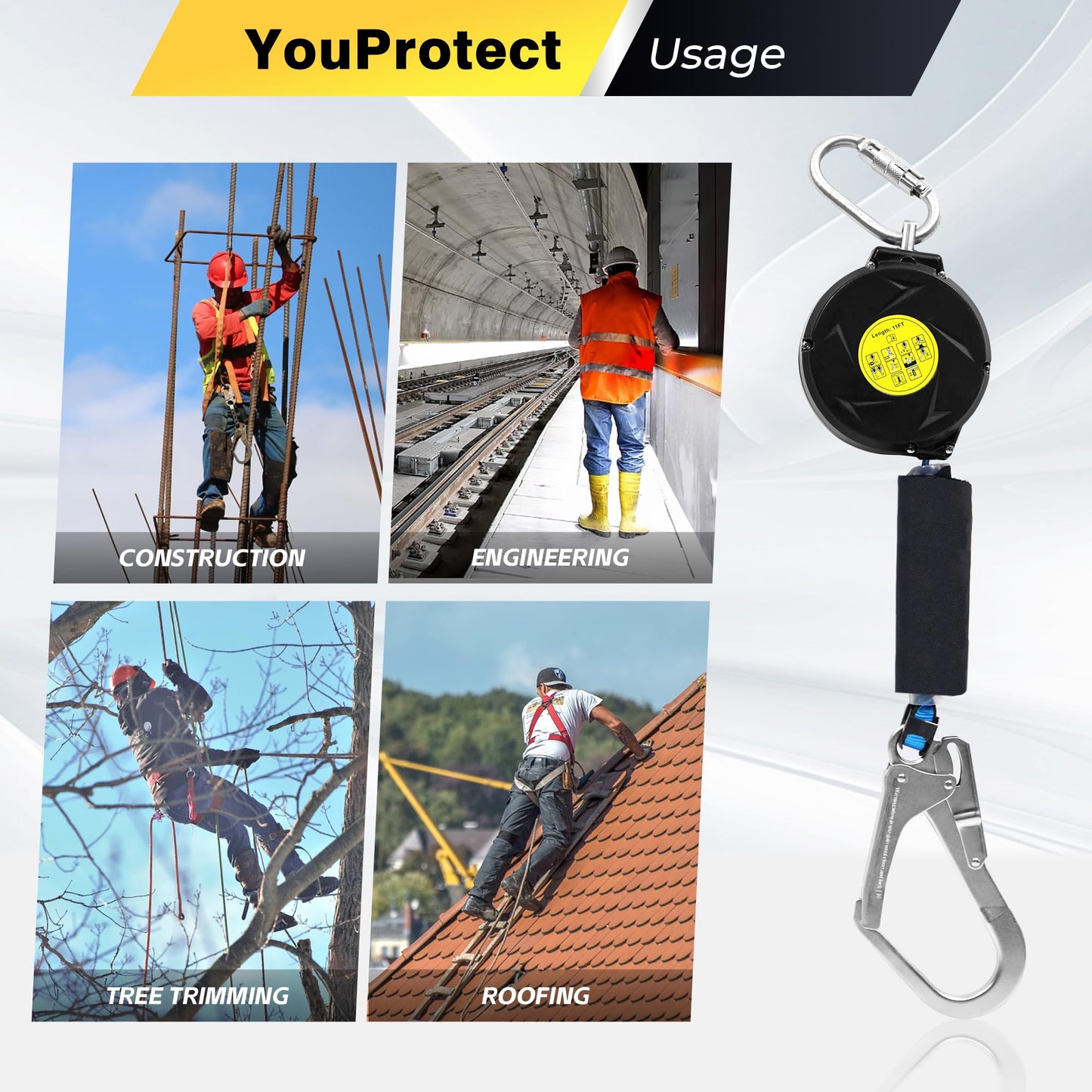 11FT Self Retracting Lifeline Fall Protection Retractable Lanyard, Fall Arrest Safety Yoyo for Construction Industrial - OSHA/ANSI Compliant (Large Hook)