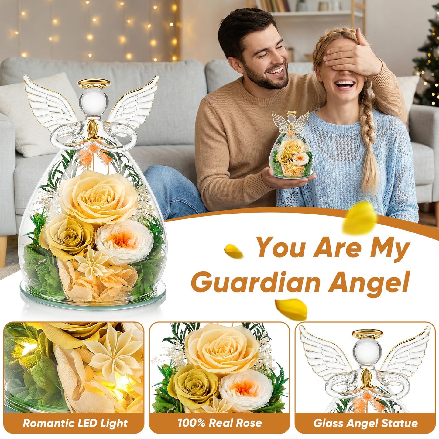 Preserved Rose in Glass Angel Figurine, Mothers Day Gifts for Mom/Wife/Grandma, Forever Flowers Rose Anniversary, Graduation or Birthday Gifts for Women Her