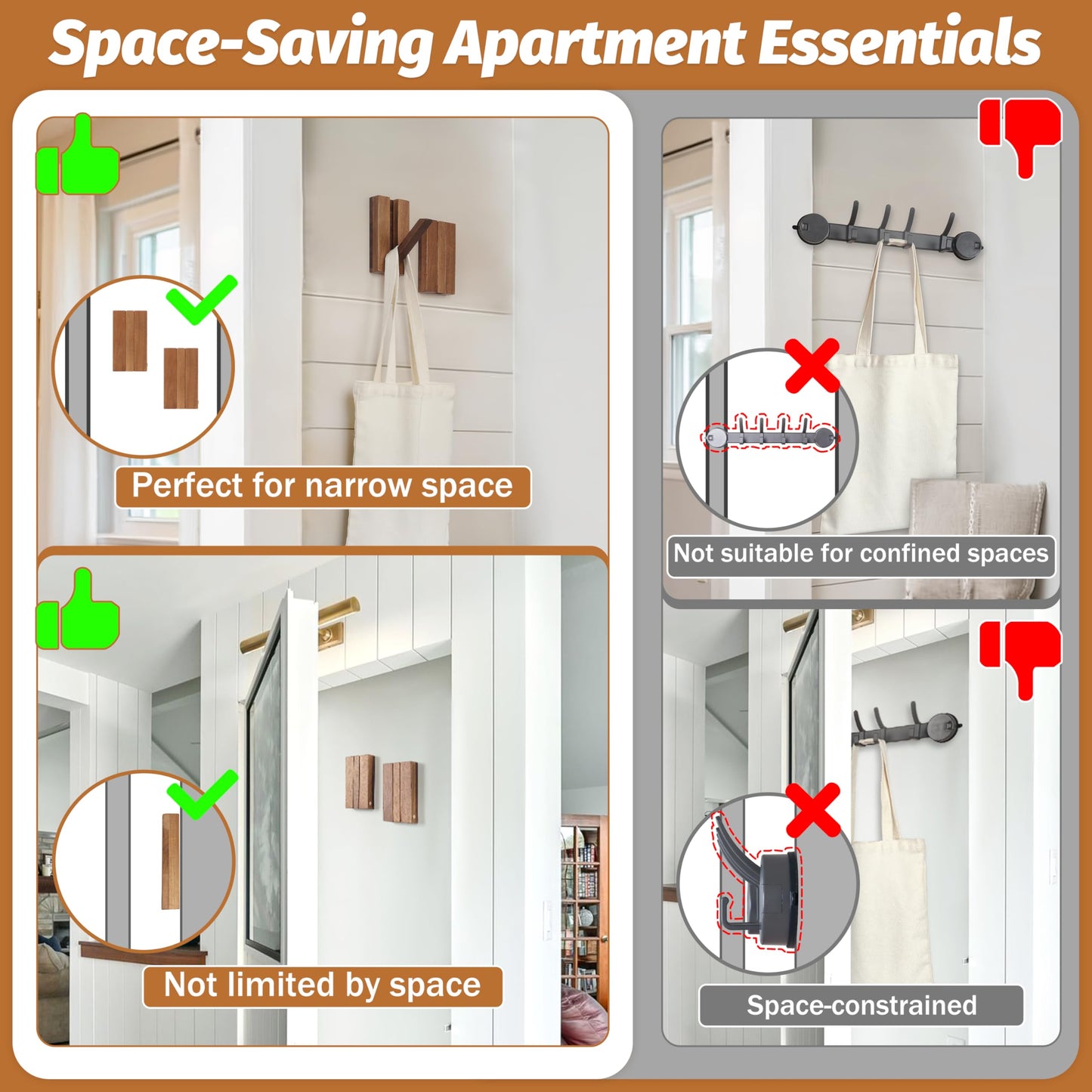 KYIAANY Foldable Wall Hooks 4Pack: Rustic Wooden Coat Hooks Mounted for Heavy Duty Hanging Towels Backpack Bags Hats, Space Saving Minimalist Decorative Hooks for Aesthetic Homeowners