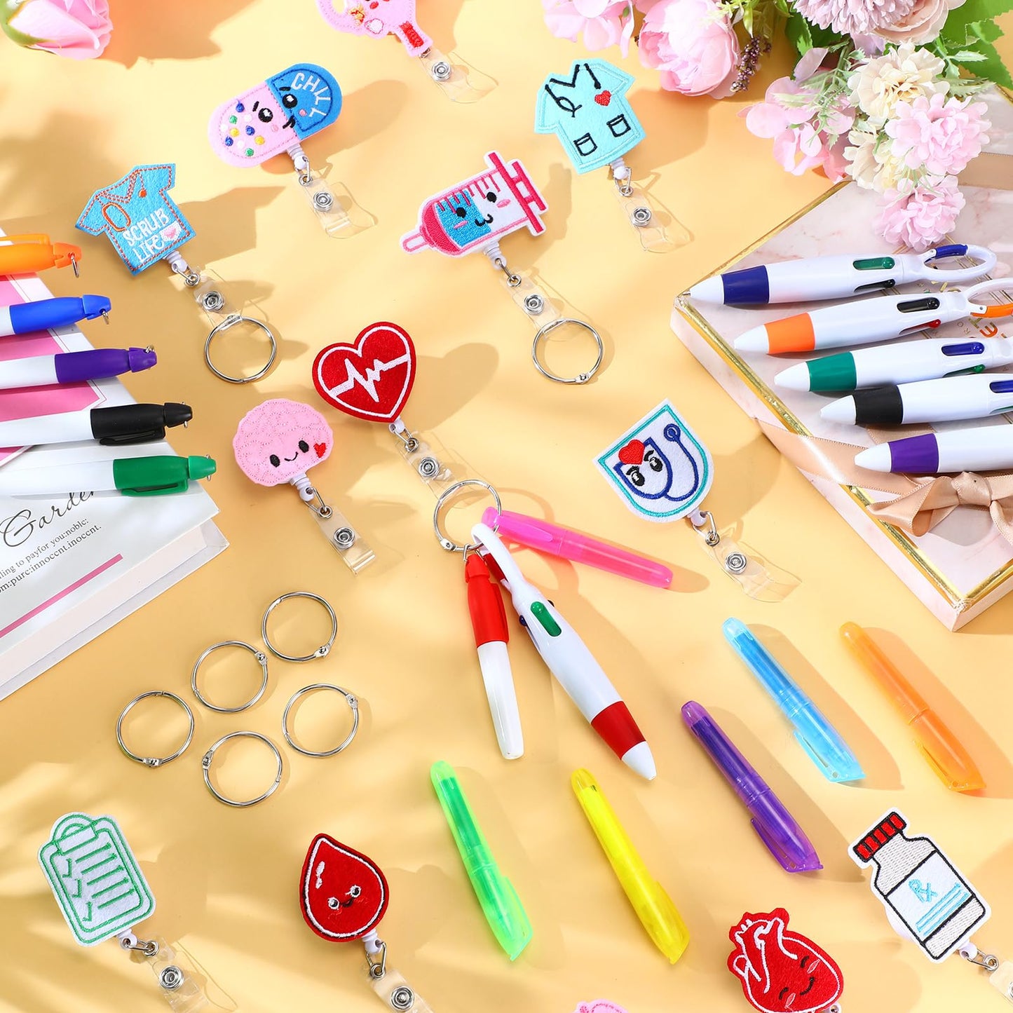 Nezyo 100 Pcs Nursing Pens Set Includes Retractable Ballpoint Pen Permanent Marker Pen Mini Highlighters Badge Holder Clip ID Name Reels 2026 Nursing Week Gifts for CNA Students Graduation Coworker