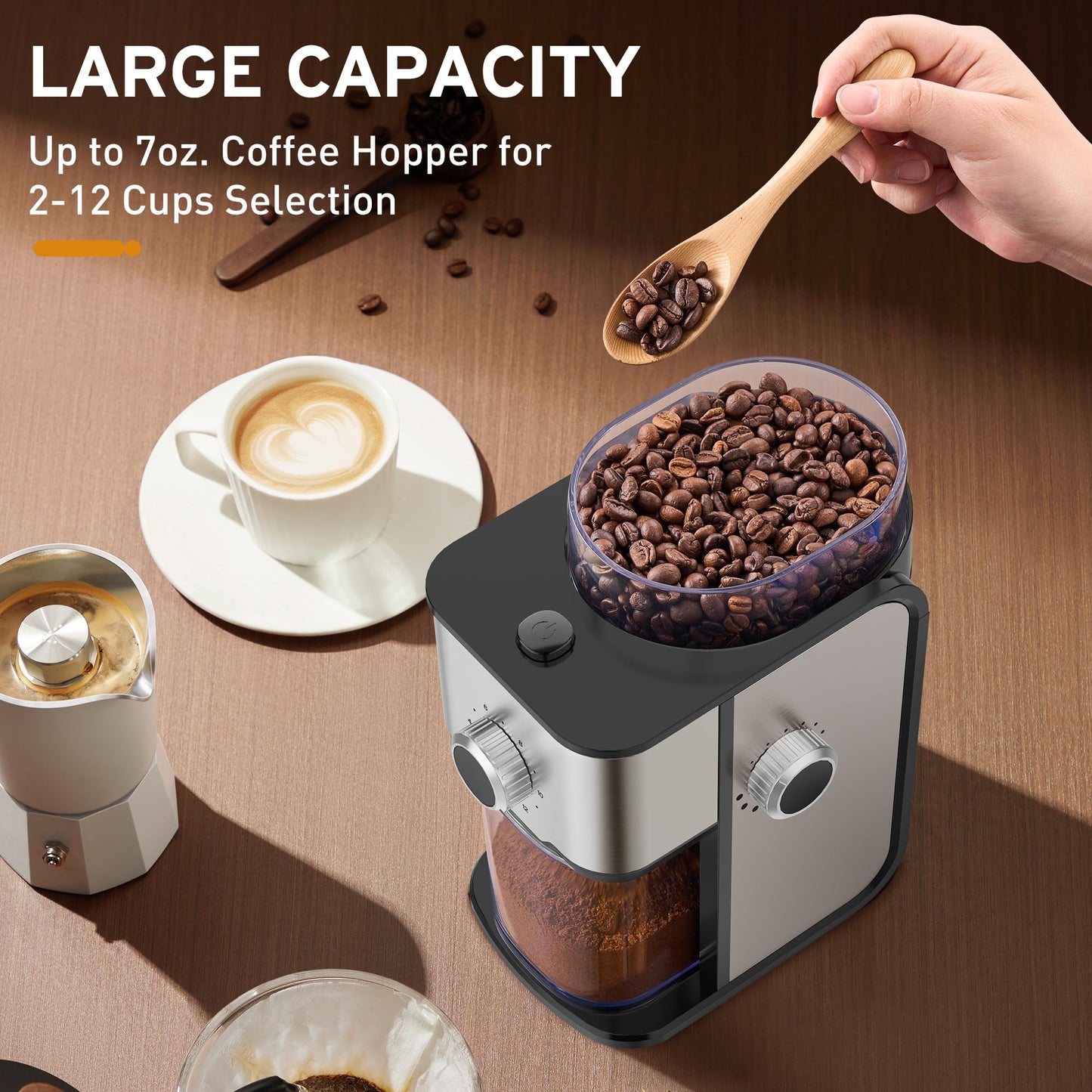 Ollygrin Flat Burr Coffee Grinder Electric, Adjustable Coffee Grinder for Home Use, Compact Coffee Beans Grinder with 14 Grind Settings, 2-12 Cups for Home & Office