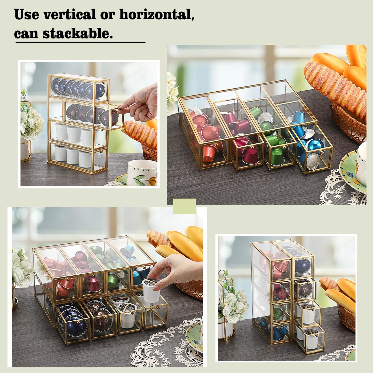 ELLDOO Coffee Pod Holder with 4 Drawers, Gold Glass Coffee Pod Organizer for K Cup Espresso, Clear Coffee Capsule Storage Holder for Coffee Bar Office Home Coffee Station Counter