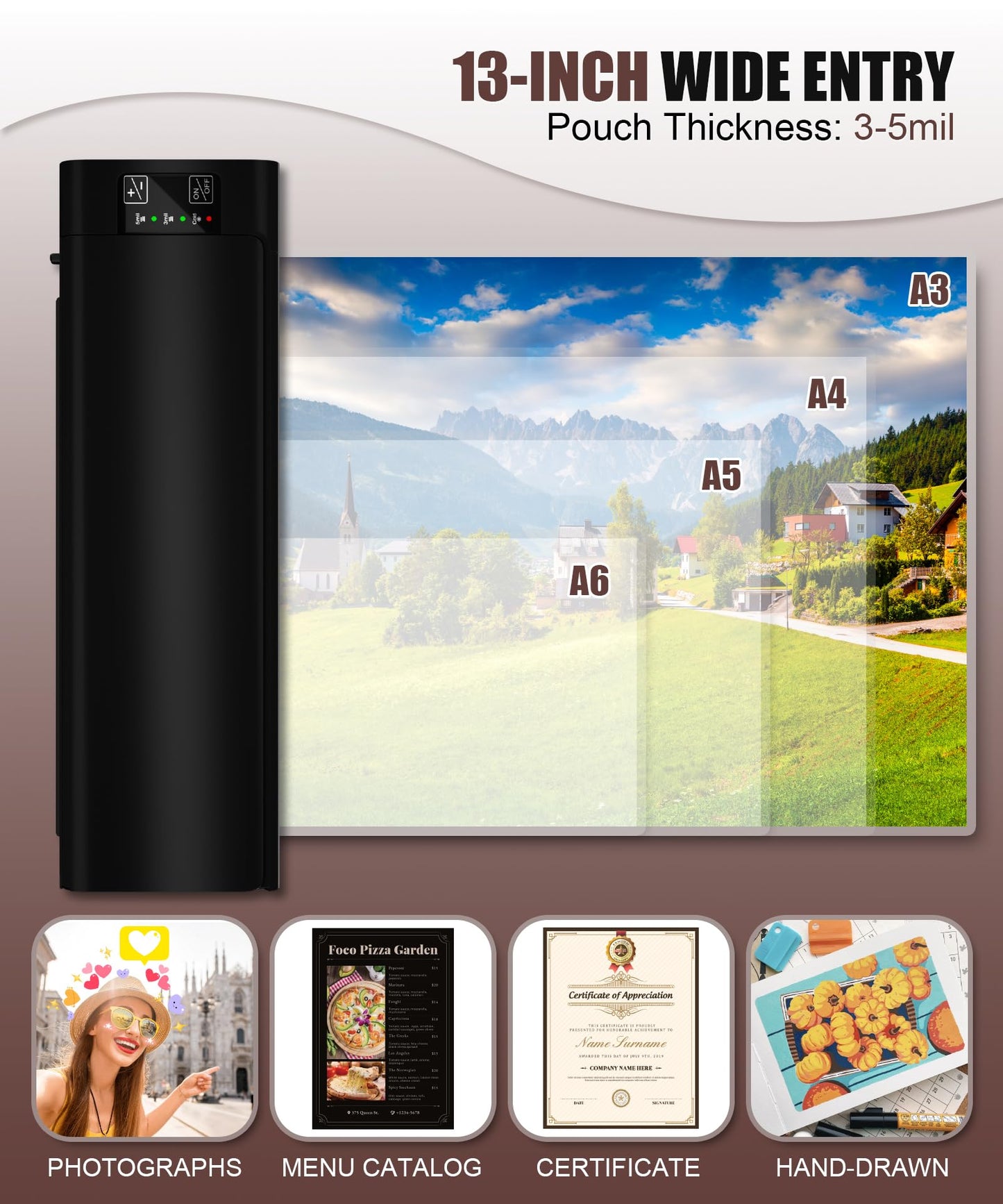 13 Inch Laminator Machine, A-3 9-in-1 Thermal Laminator with Sheets for Hot & Cold Laminating Machine, Features Fast 60-Sec Warm Technology and Never-Jam Design for Home,Office,or School Use (Black)