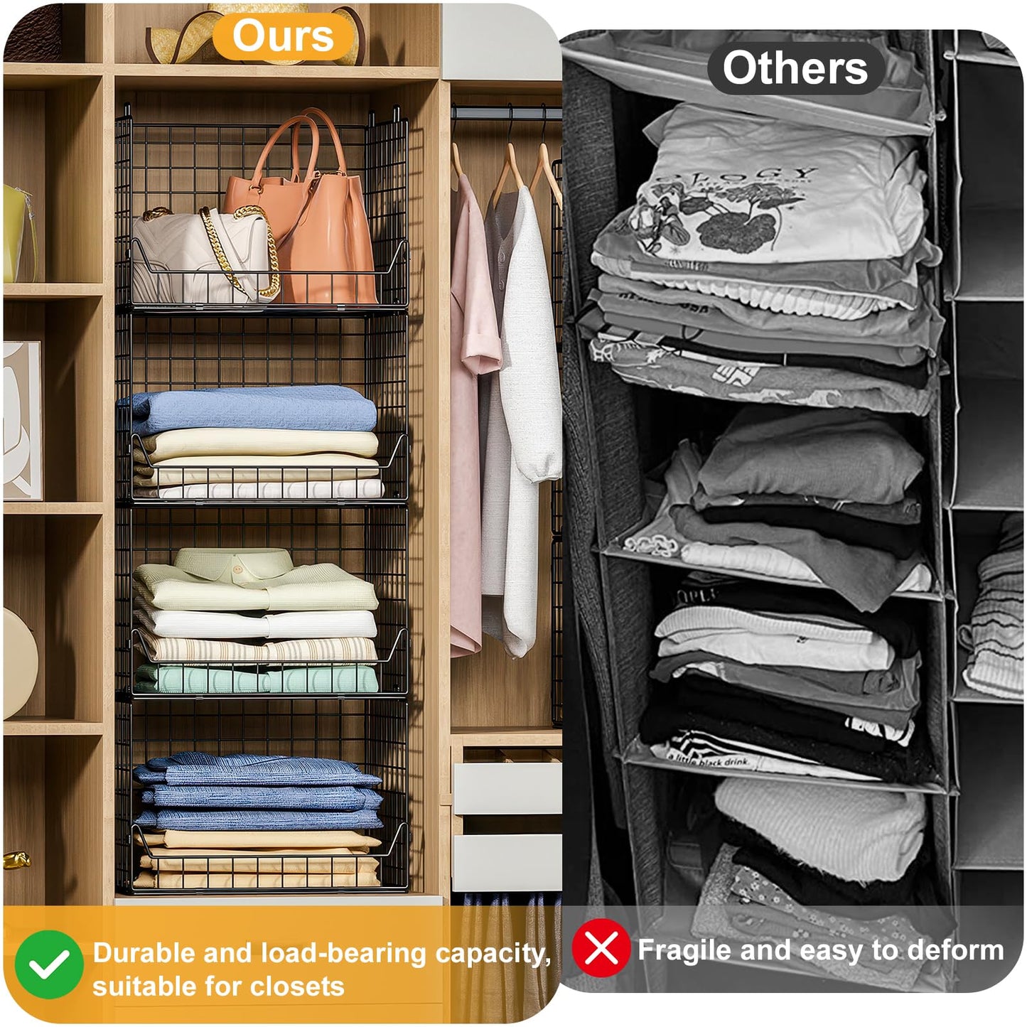 Jakyitvi 4-Tier Extra Height Stackable Closet Organizer – Foldable Storage Bins for Sweaters, Jeans, and Clothes – Sturdy Iron Mesh Shelves for Neat and Efficient Closet Storage – Black