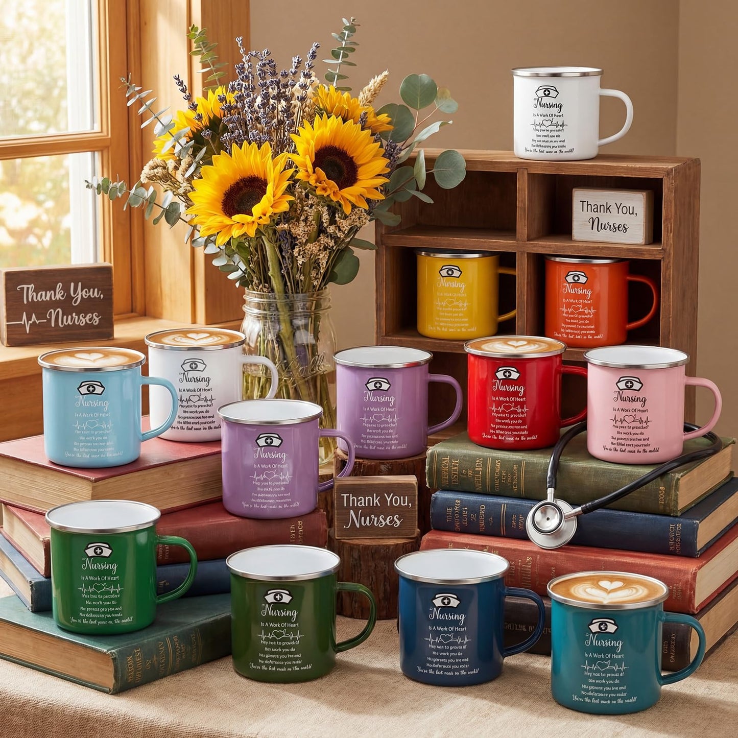 SiliFine 24 Pcs Nurse Appreciation Gifts 2026 Nurse Appreciation Cup Bulk 12 oz Enamel Nursing Coffee Mugs with Handle for Nurse's Day Women Doctor Assistant Graduation Rn Thank You Week Gift