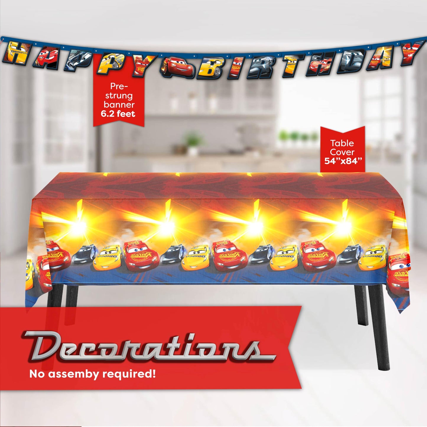 Disney Cars Birthday Decorations | Lightning McQueen Birthday Decorations | Serves 16 | Banner, Tablecloth, Plates, Napkins, Sticker | Officially Licensed