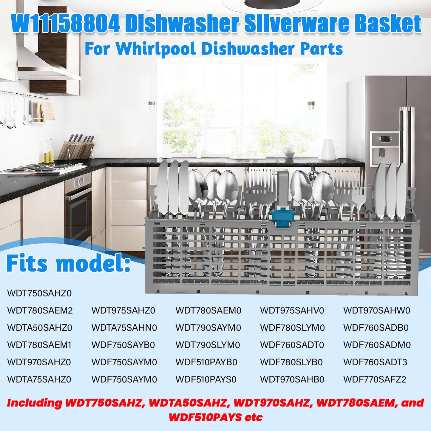 UPGRADED W11158804 Dishwasher Silverware Basket Compatible with Whirlpool Dishwasher Silverware Basket Parts 8562061 W10350340 W10629540 Dishwasher Utensil Basket WDT750SAHZ0 WDT970SAHZ0 WDTA50SAHZ0