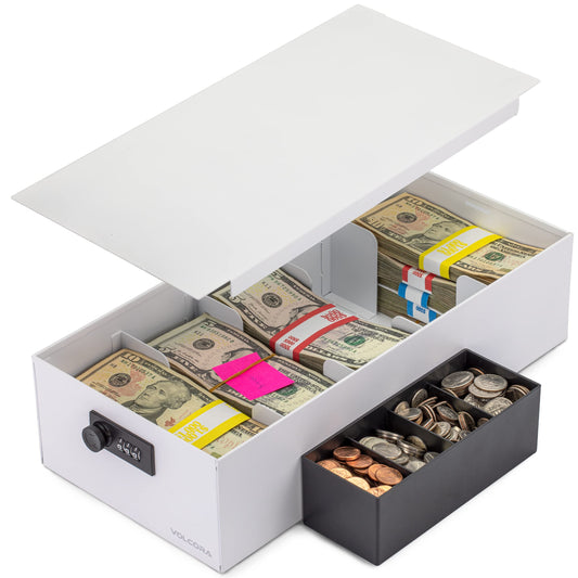 Volcora Cash Box Money Organizer - 15” x 7.5” x 4” Cashbox 5 Compartments Drawer Tray - Bills and Coin Slot with Combination Lock for POS Register, Kiosk, Retail, Personal and Business Use, White