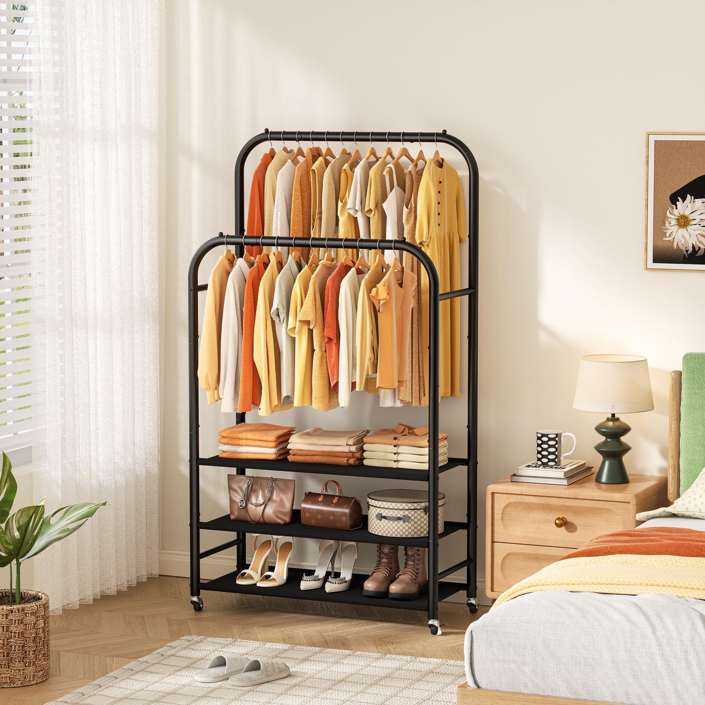 HOMIDEC Double Rods Clothes Rack Clothing Rack with 3 Tier Storage Shelves Clothes Rack for Hanging Clothes Multifunctional Clothes Organizer Bedroom,Wardrobe Closet,Shop,Black