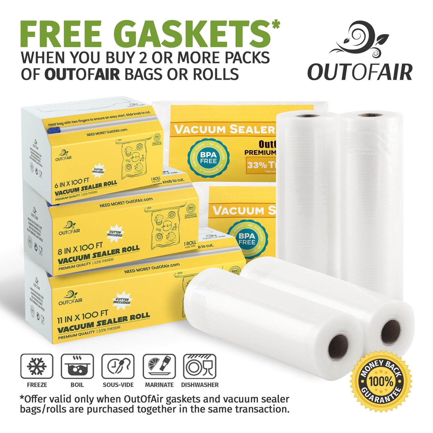 OutOfAir Vacuum Sealer Rolls - 11” x 25’ (4 Pack, 100ft) - Heavy-Duty, 33% Thicker, BPA-Free, Works with FoodSaver, Weston, Anova & More - Food Storage, Sous Vide, Freezer, Microwave & Boil Safe