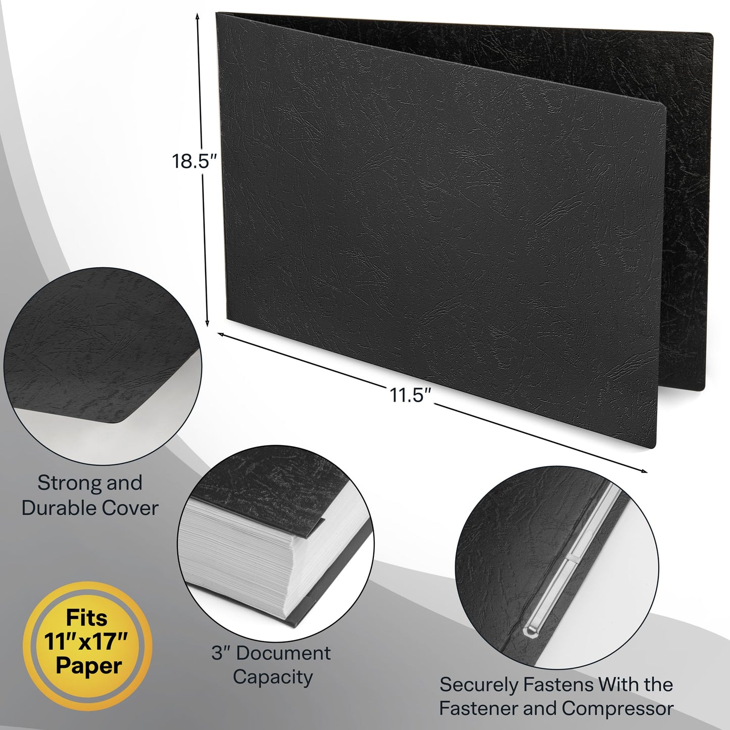 11x17 Folder, Pressboard Report Covers. 10 Pack Professional Blueprint Binders with 3-inch Fastener, 500-sheet Capacity. Large Format Document Organizer Storage for Tabloid Size (Black)