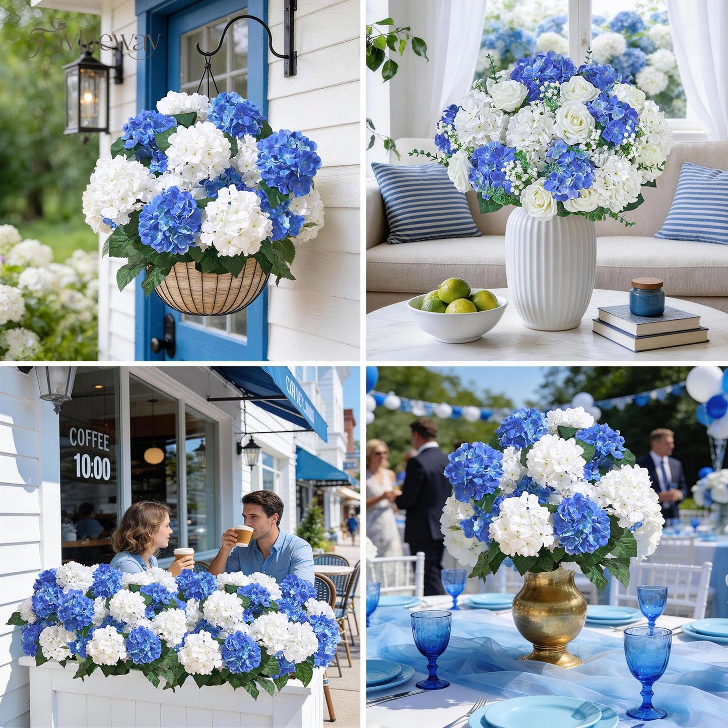 Faylifeway 12 Heads Artificial Flowers for Outdoors, UV Resistant Faux Hydrangea Flowers for Outdoor Planters Front Porch Garden Window Box Patio Decor （White&Blue）