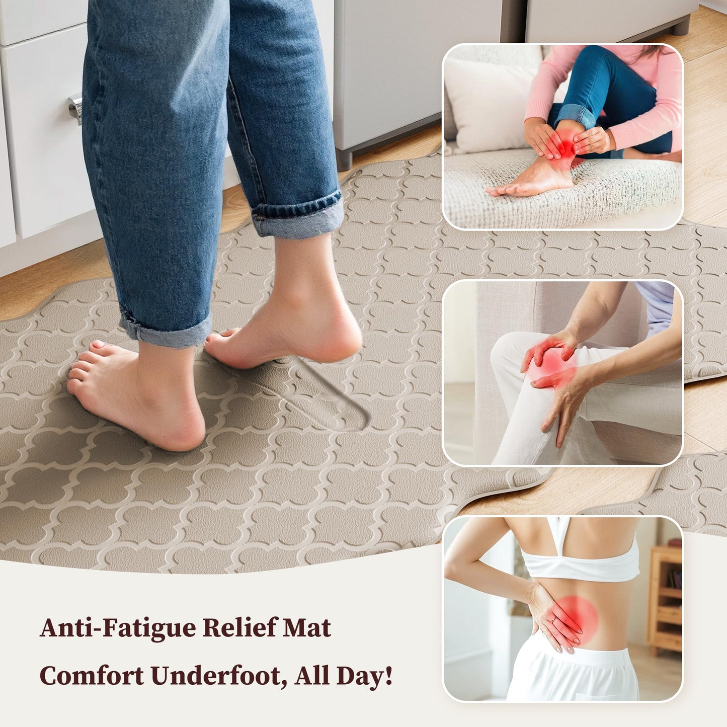 Arenarug Upgrade Scalloped Embossed Kitchen Mats for Floor 2PCS Cushioned Anti Fatigue Waterproof Foam Kitchen Rugs Non Slip Washable Comfort Standing Mat for Sink Laundry,17.3"x30"+17.3"x47",Khaki