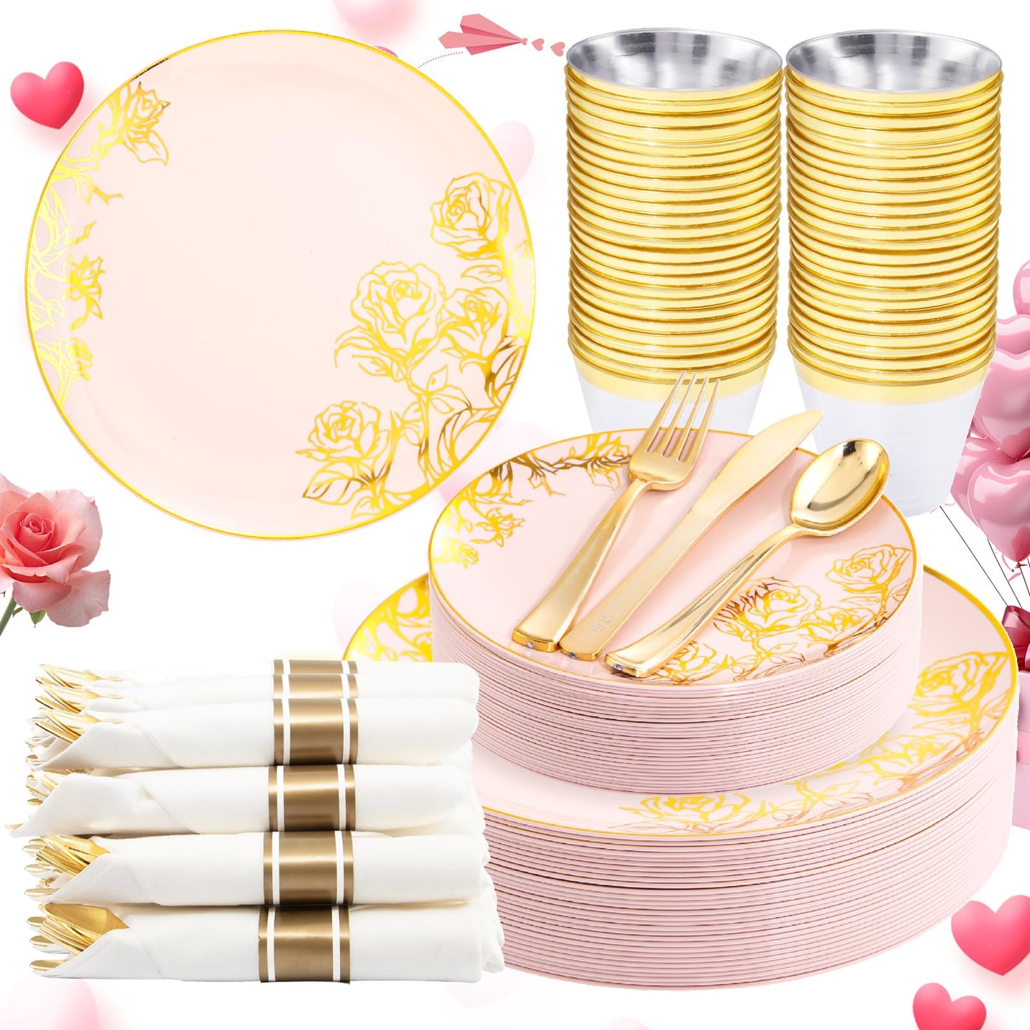 DaYammi 210Pcs Pink Plastic Plates,Pink Gold Floral Disposable Dinnerware Set-30 Dinner Plate,30 Salad plate,30 Per Rolled Napkins with Gold Cutlery,30 Cups,Fancy Party Plates for Wedding Party