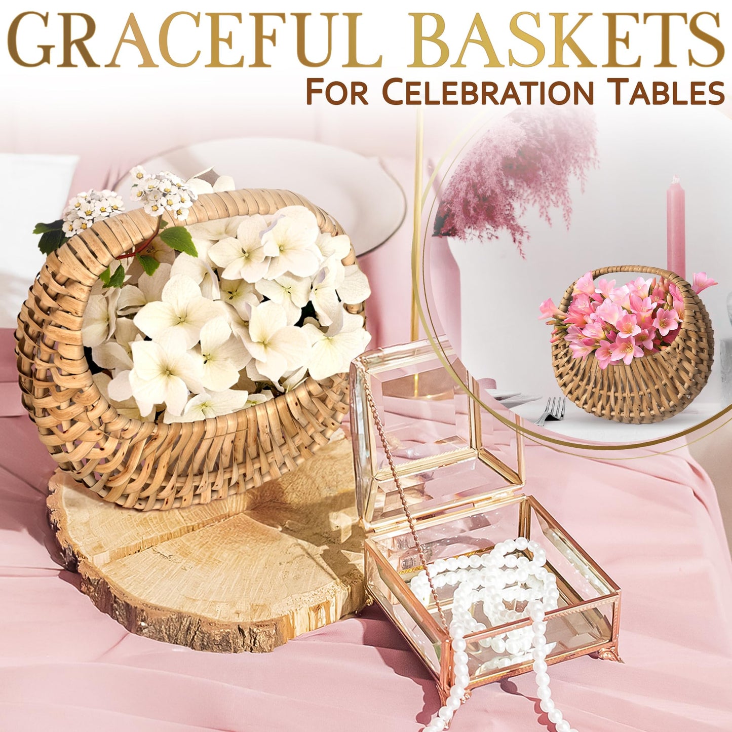 Flower Girl Basket Set of 2 - Charming Rattan with Waterproof Lining, 6.3 x 5.12 x 3.75 Inch - Small Wicker Basket with Handle for Wedding Flower Petals, Confetti, Candy, Gift, Storage & Home Decor