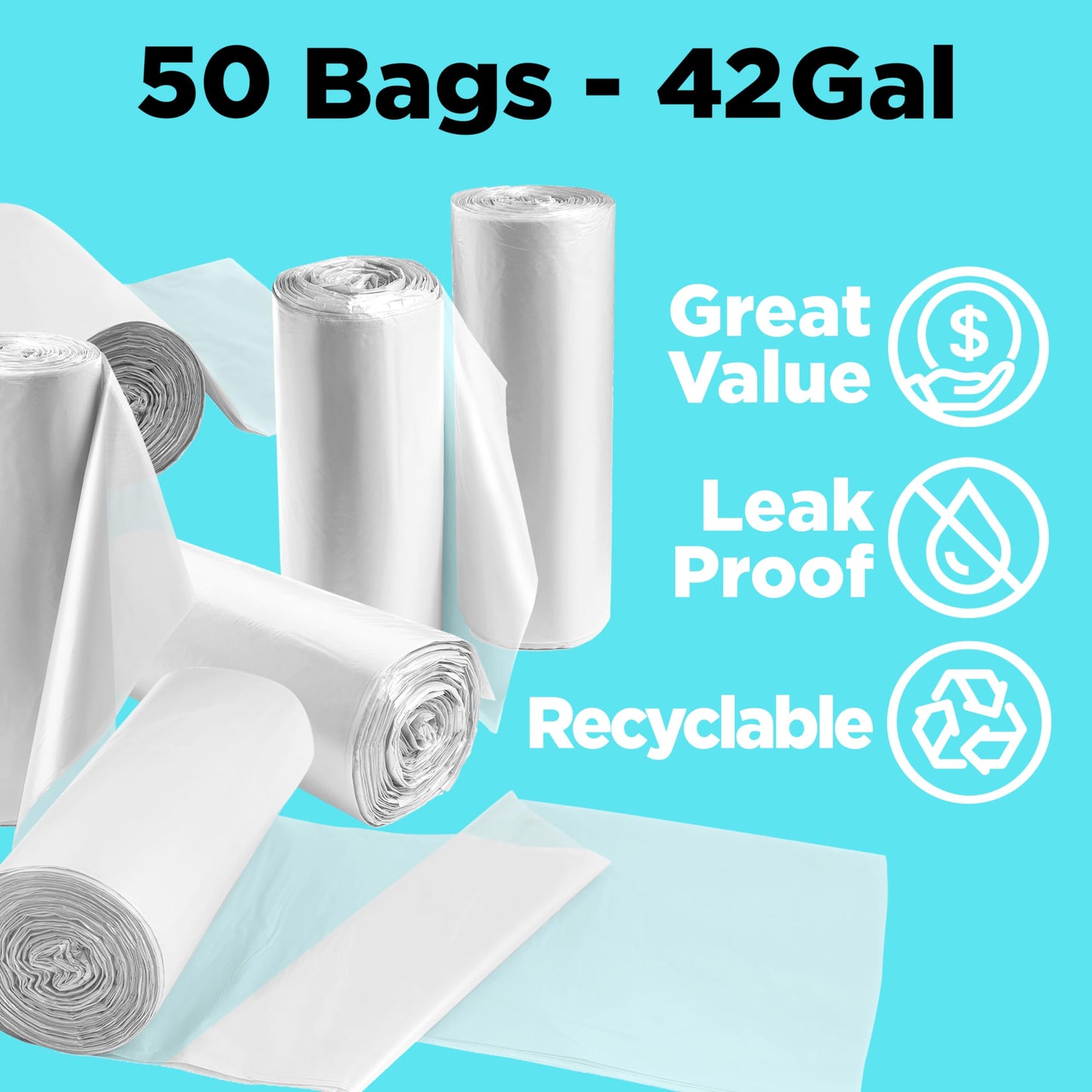 42 Gallon Trash Bags, 3 Mil Contractor Bags, Large Trash Can Liners, 33 x 48", For Large Trash Cans - For Outdoor, Lawn, Custodian, Landscape, Leaf, Recycling - Made in USA - (CLEAR, 50 COUNT)