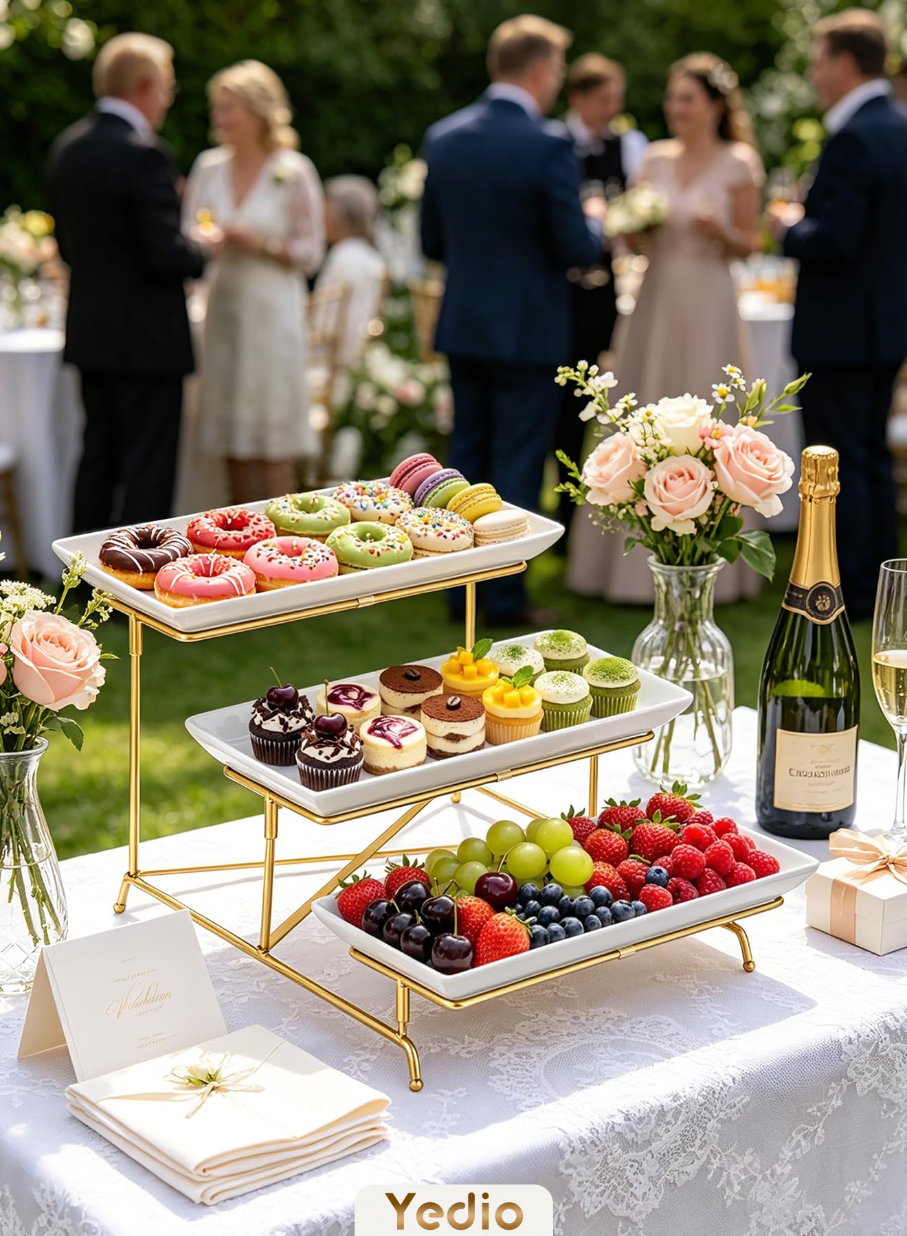 Yedio 3 Tier Serving Tray Set 14 Inch Porcelain Tiered Serving Platters, Collapsible Sturdier Stand with Stable Cross Bars, Three Layer Serving for Party Entertaining Food Display Fruit Dessert