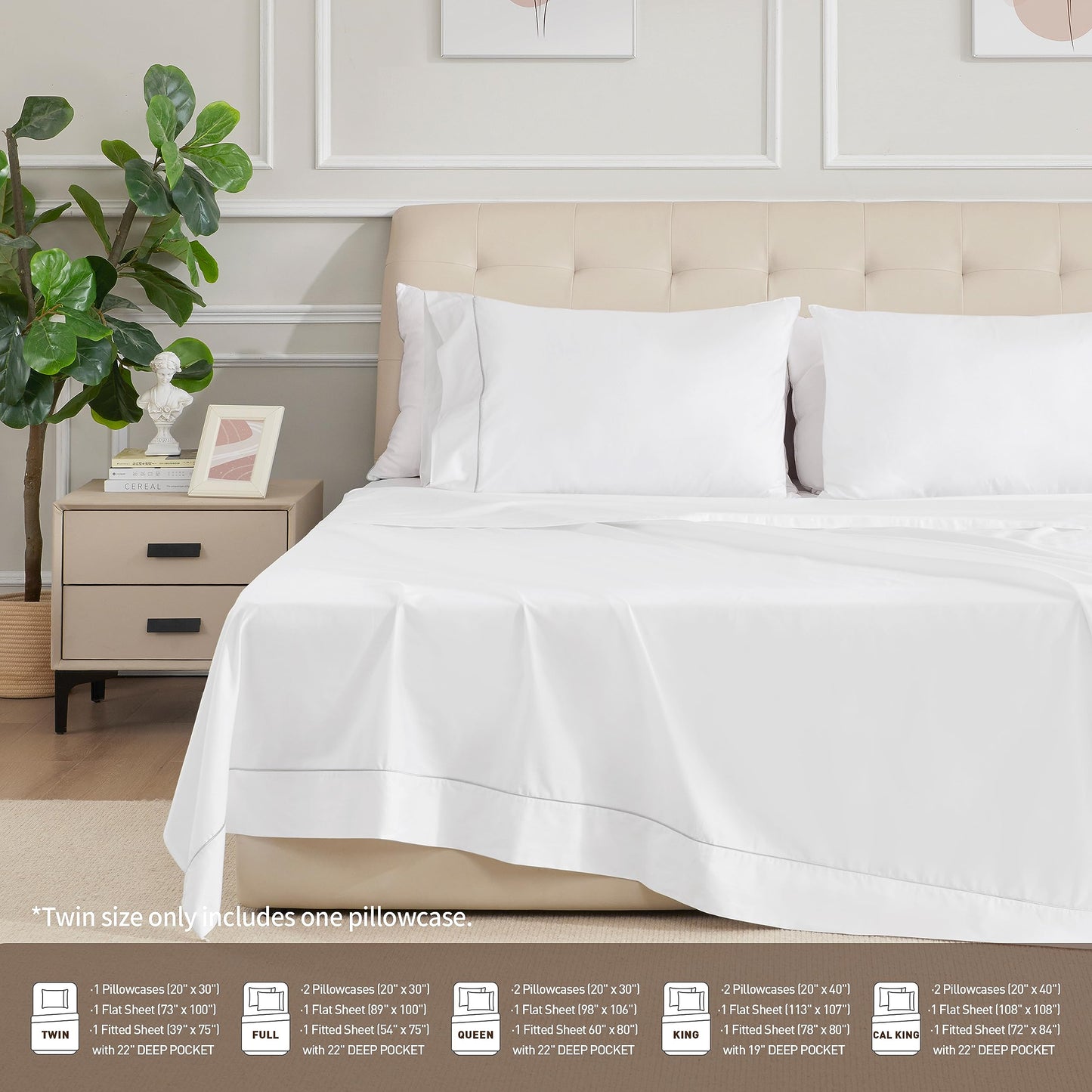 sunflower Extra Deep Pocket Queen Sheet Sets Fits 18"-24" in Deep Mattress -100% Cotton Queen Sheet Set, White Hotel Luxury Soft Breathable Sheet Sets for Queen Bed Deep Pocket