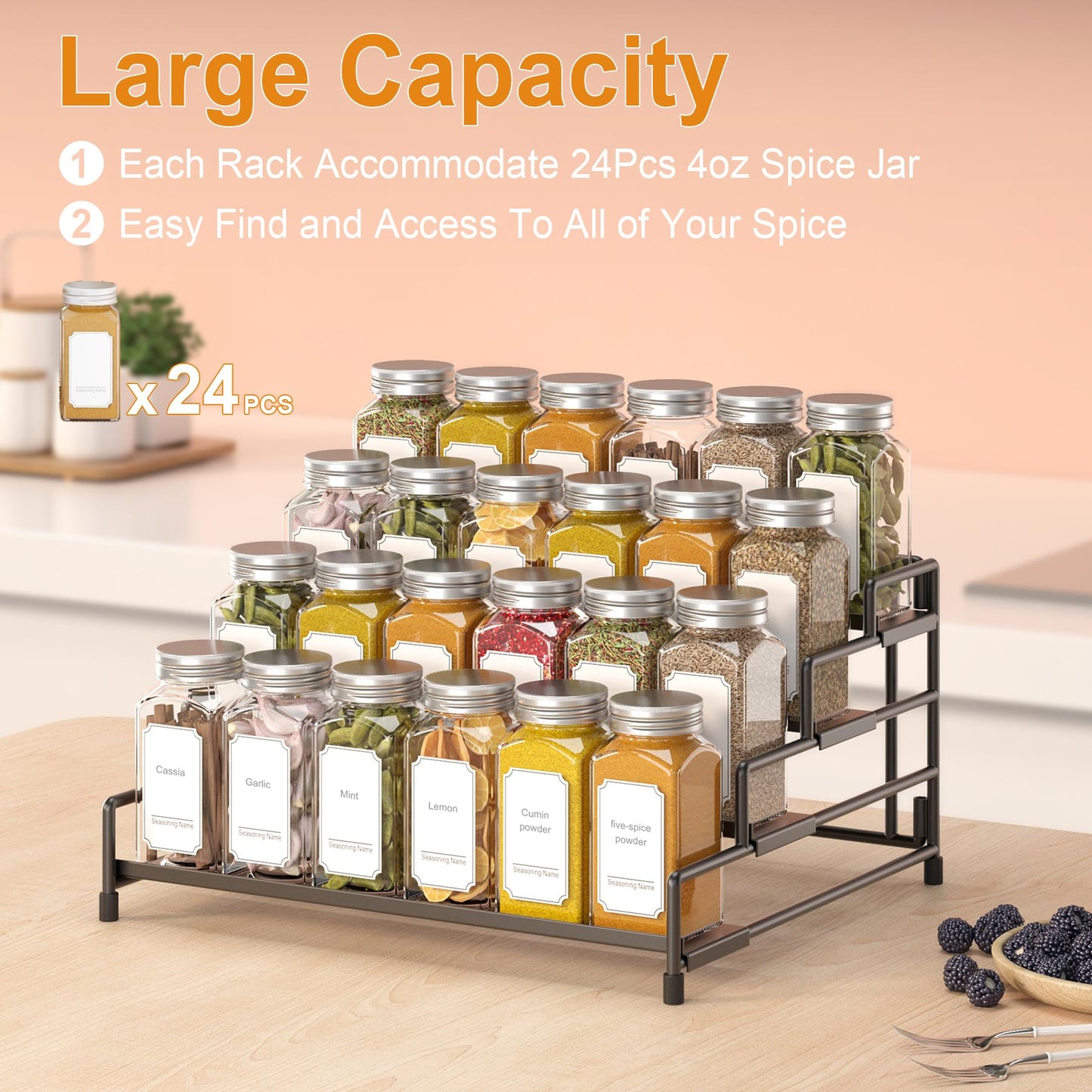 RUILALIFE 4-Tier-Spice-Rack-Organizer-for-Cabinet, Adjustable Depth Spice Holder Shelf For Countertop Pantry Cupboard, Metal Tiered Seasoning Organizer,Display Shelf Riser (Black-1 Pack)