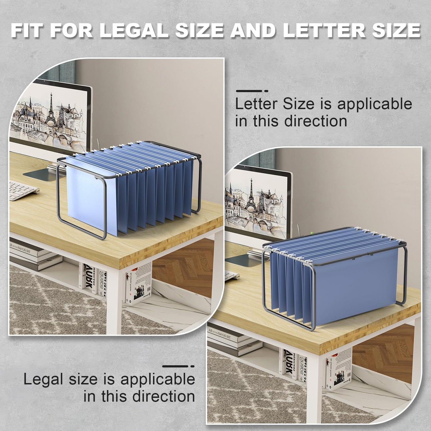 Vanulee 2 Set Hanging File Folder Frame,Legal/Letter Size,Adjustable Length 16-25 inches,12.598W 9.45" H, Hanging Folders Holder for Desktop Organizer and Metal Rail in Filing Cabinet Drawer