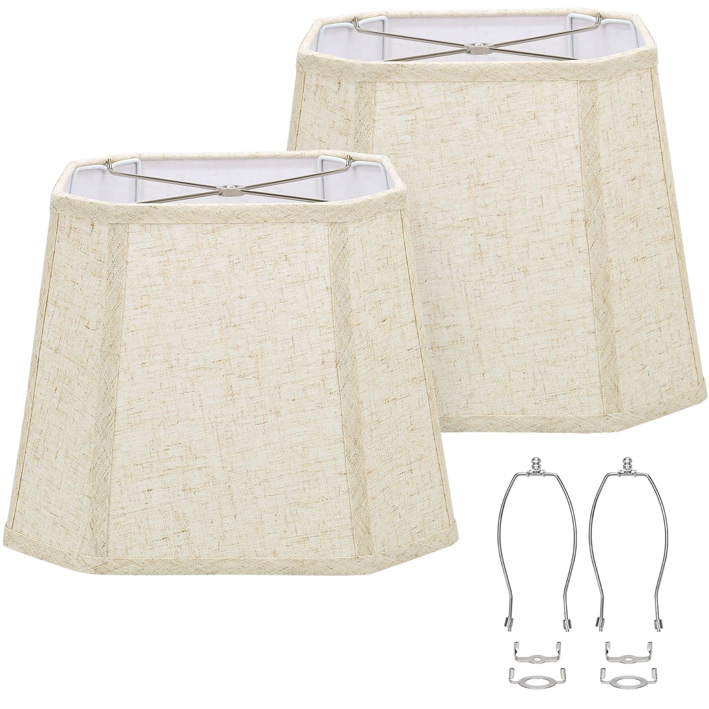 Rectangle Lamp Shades Set of 2, 10.5" x 10"x 13" Medium Cut Corner Beige Lampshades Natural Linen Hand Crafted, Include 2 Pack Lamp Harps, Suitable for E26 Base and Saddle Base, Easy Assembly Required