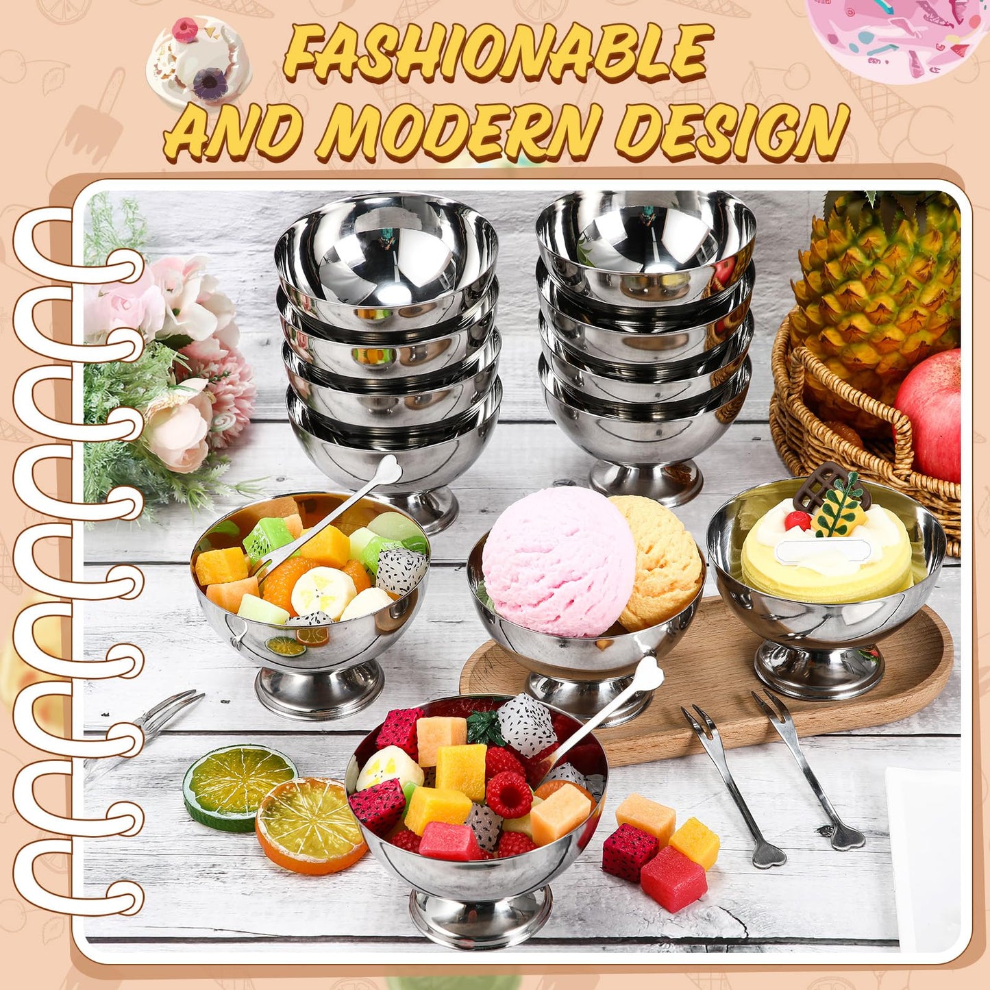 Honeydak 12 Set Stainless Steel Ice Cream Bowl with Forks Serving Dessert Cup Sauce Bowls Dish Metal Dessert Glasses Salad Holder Round Footed Yogurt Snack Candy Cups for Fruit Pudding(4 Inch)