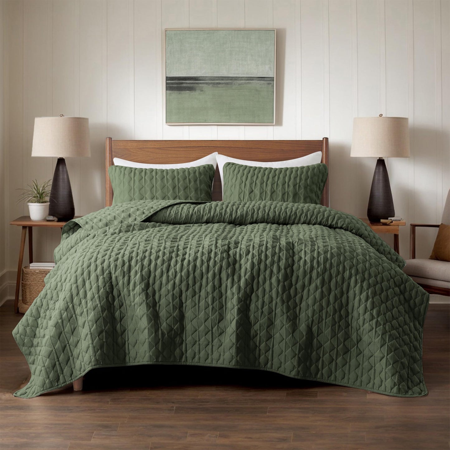 WDCOZY Olive Green Quilt King Size Bedding Set with 2 Pillow Shams, Lightweight Soft Bedspread Coverlet, Thin Comforter Bed Cover for All Season, 3 Pieces, 104x90 inches