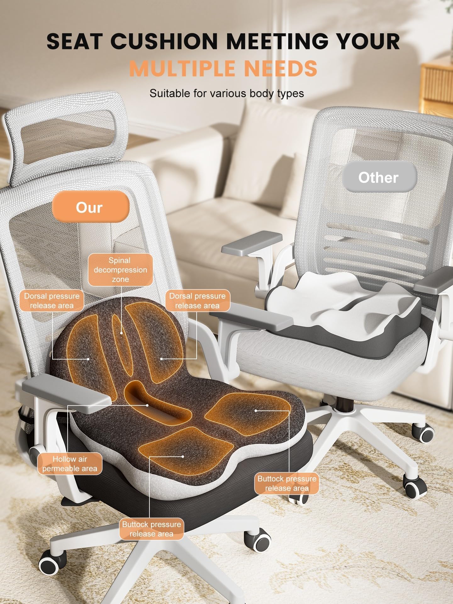 QEGOON Office Chair Seat Cushion for Long Sitting Workers - L-Shaped Ergonomic Memory Foam with Tailbone Support & Adjustable Strap