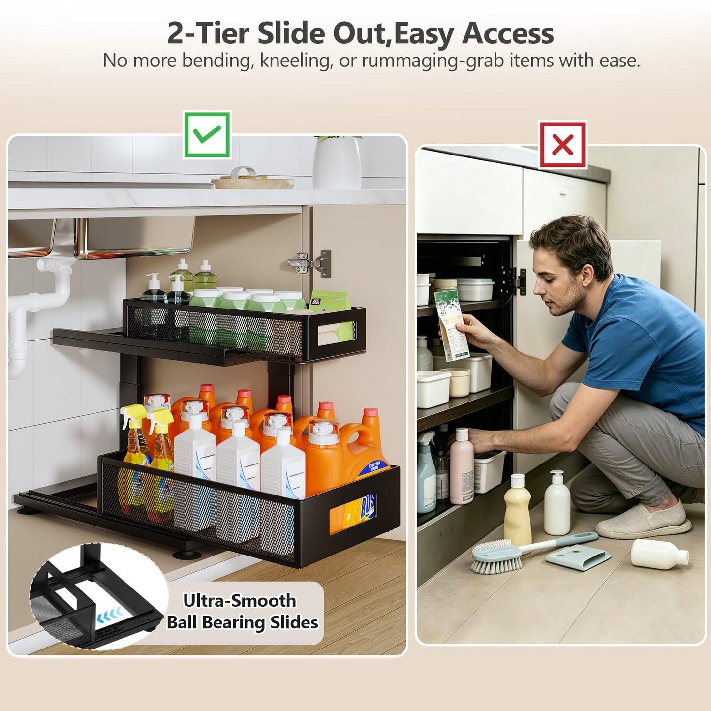 Corbyles 2 Pack Under Sink Organizer with Next-Gen Ball-Bearing Slides,2-Tier Pull Out Cabinet Storage,Height Adjustable Drawer Shelf for Bathroom,Kitchen,Laundry,Cabinet,Pantry(Patent Pending)