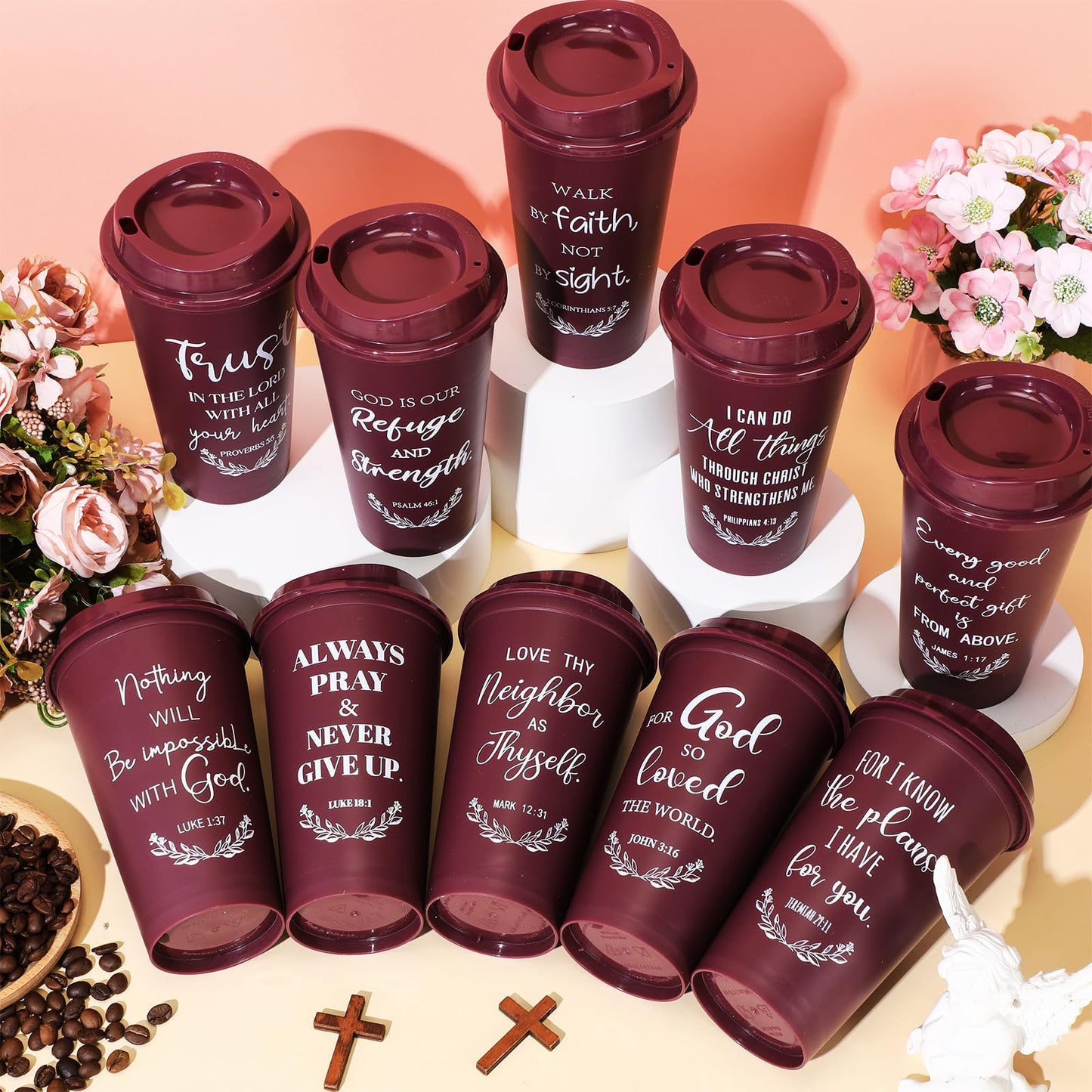 Skylety 40 Pack Christian Gifts for Fathers Bulk Church Gifts for Men 16oz Inspirational Bible Verse Coffee Cups with Lids for Dad Teacher Graduation Party Favor (Burgundy)