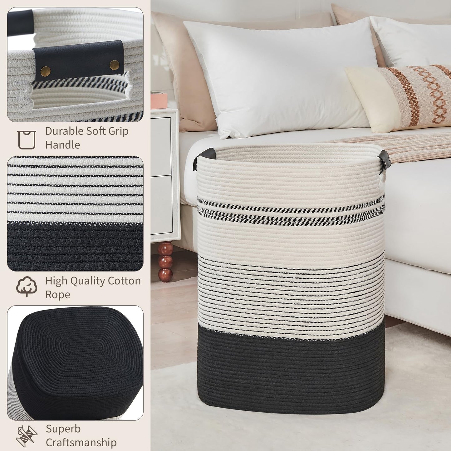 DOFASAYI Laundry Hamper - 85L Large Laundry Basket with Leather Handles, Decorative Storage Basket for Blankets - Clothes Hamper for Living Room, Bedroom, Black & White