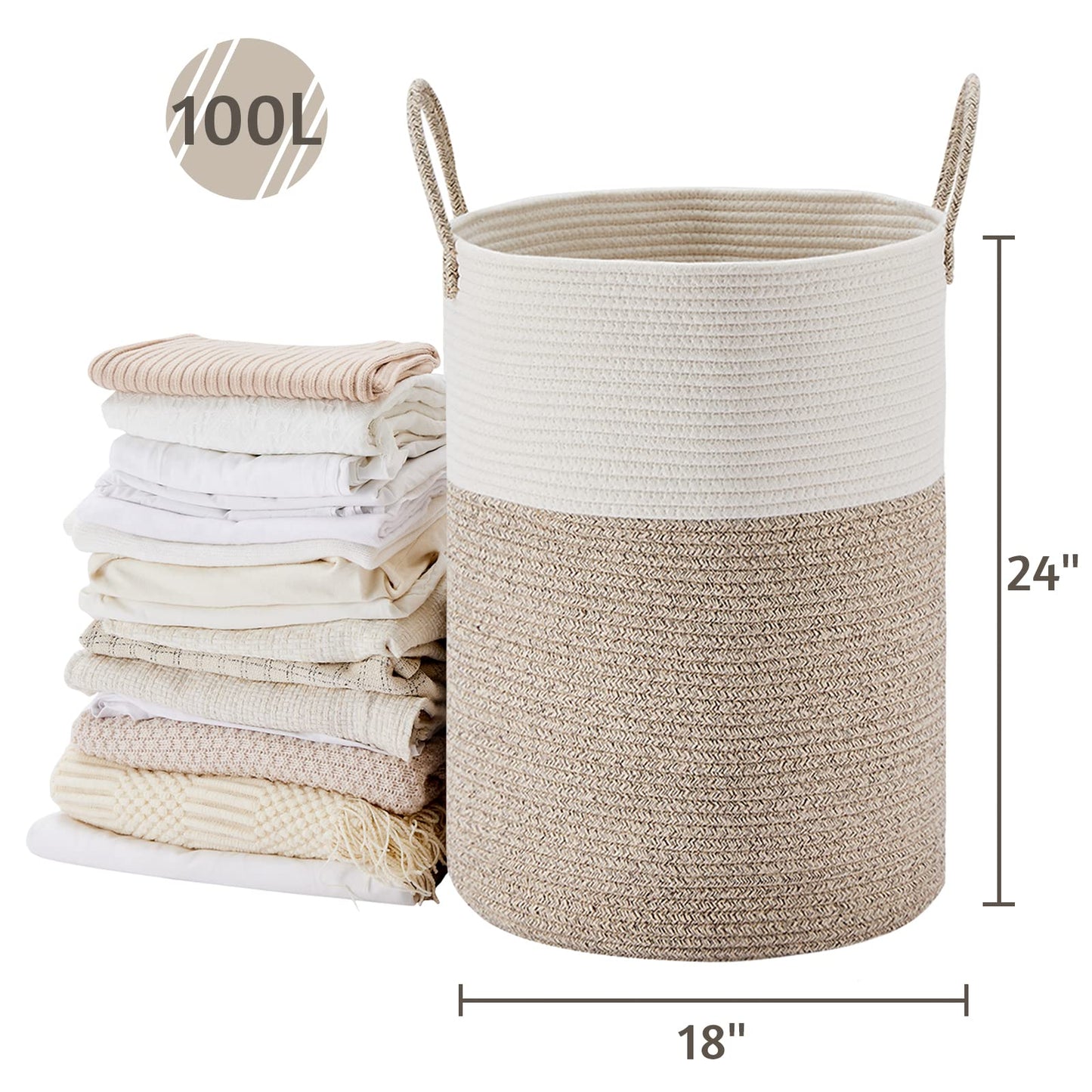 VIPOSCO Large Laundry Hamper, Tall Woven Rope Storage Basket for Blanket, Toys, Dirty Clothes in Living Room, Bathroom, Bedroom - 100L White & Brown