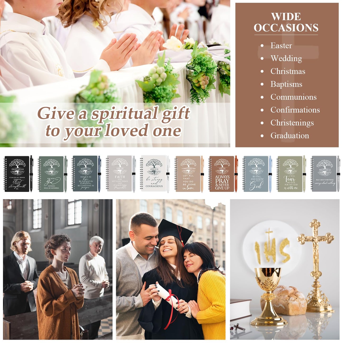 Kosiz 60 Pcs Fathers Day Christian Gift Bulk for Women, Motivational Church Prayer Journal Bible Verse A6 Spiral Notebook with Ballpoint Tree Life Religious Gift for Men Teacher (Boho Color)