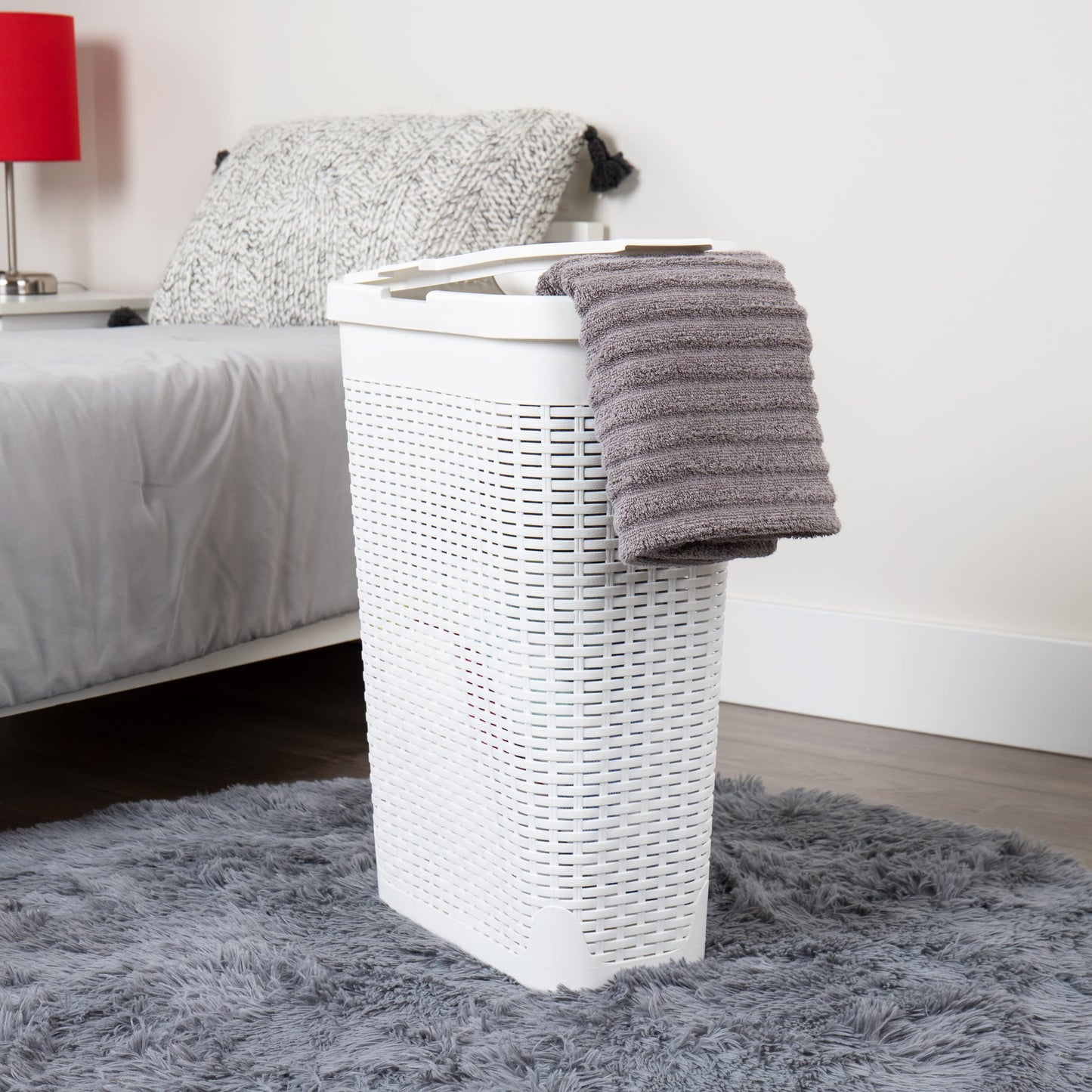 Mind Reader Slim Laundry Hamper with Lid, 40L Clothes Basket, Narrow Tapered Design with Ventilated Cutout Pattern, Plastic, White