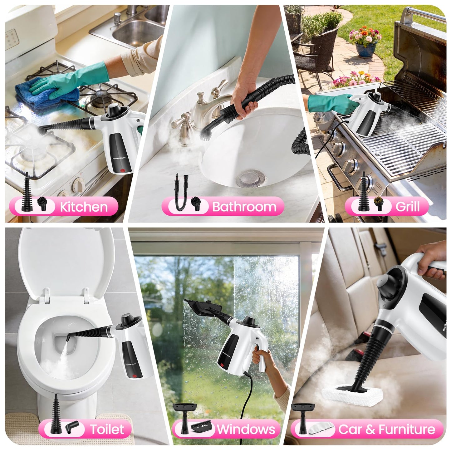 Steam Cleaner, Pressurized Handheld Multi-Surface Natural Deep Cleaning Steamer, 11pcs Accessory & Safety Lock, Portable Steamer for Cleaning Home, Kitchen, Bathroom, Car, Upholstery, Grout, Window