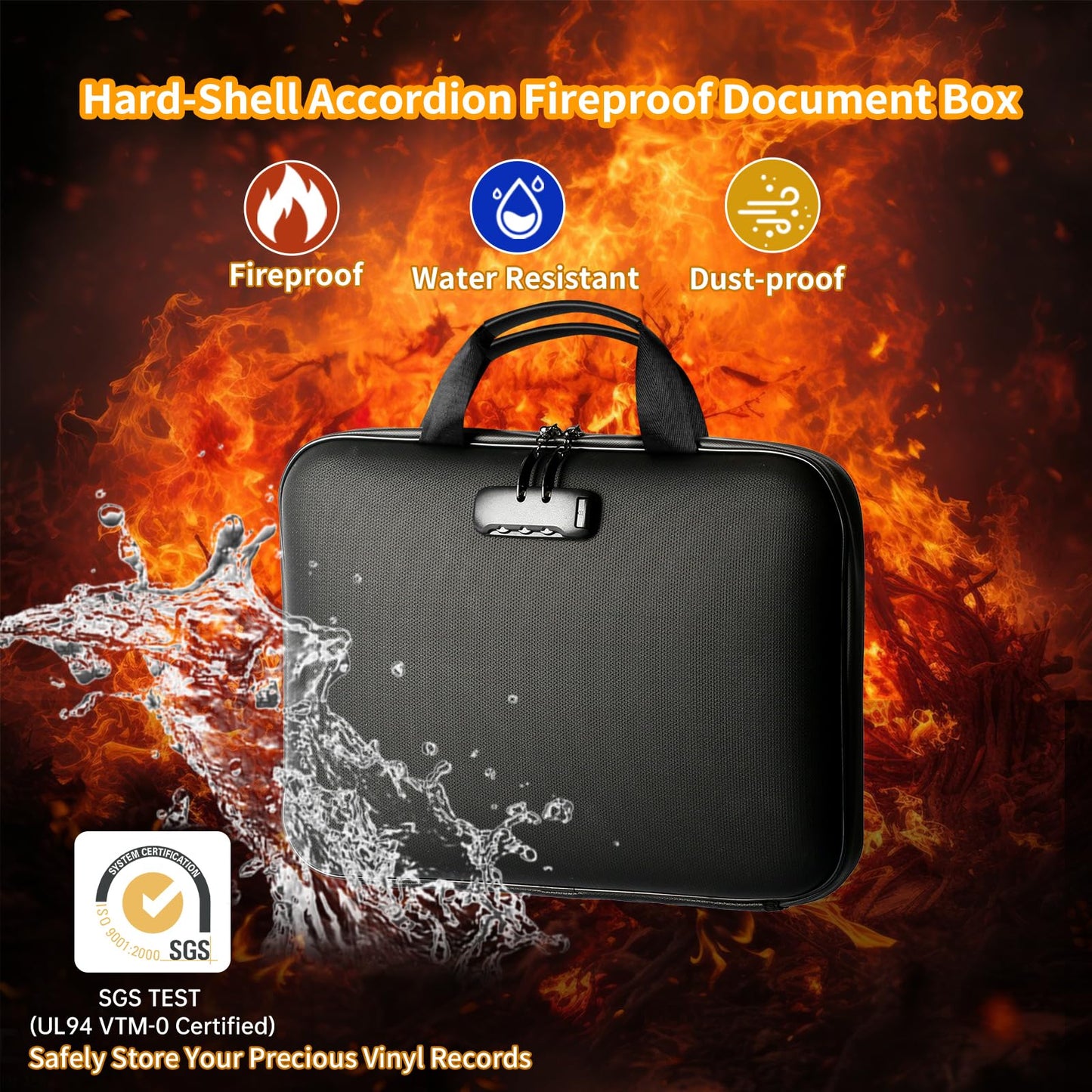 Fireproof Document Box with Lock, Portable Hard-Shell Case Fireproof File Box for Documents, Waterproof File Bag Organizer for Important Documents/Certificates/Laptop/for Home or Travel